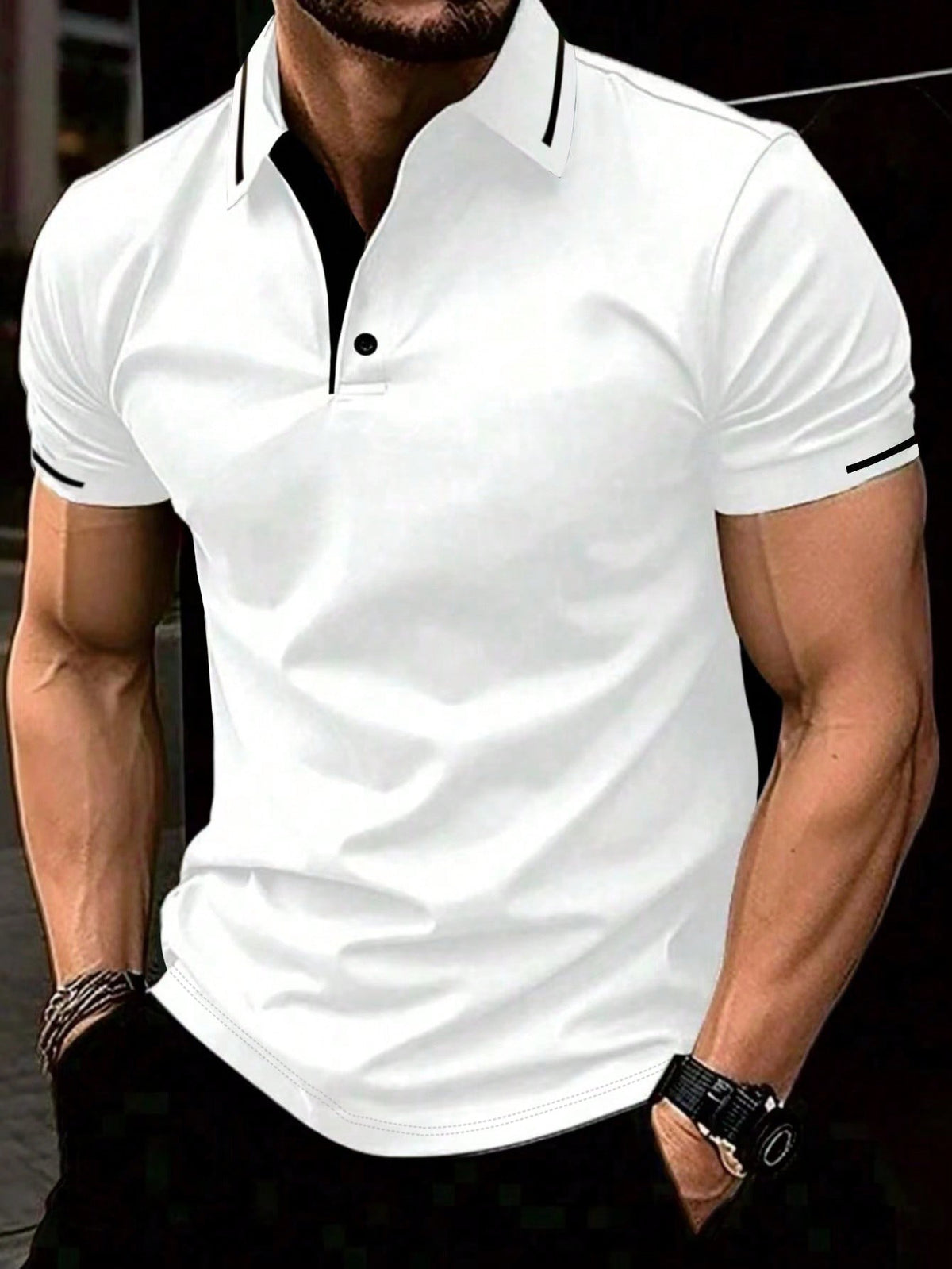 Men's Short Sleeve Polo Shirt, Button Up Collar Color Block Golf Business Shirt For Husband