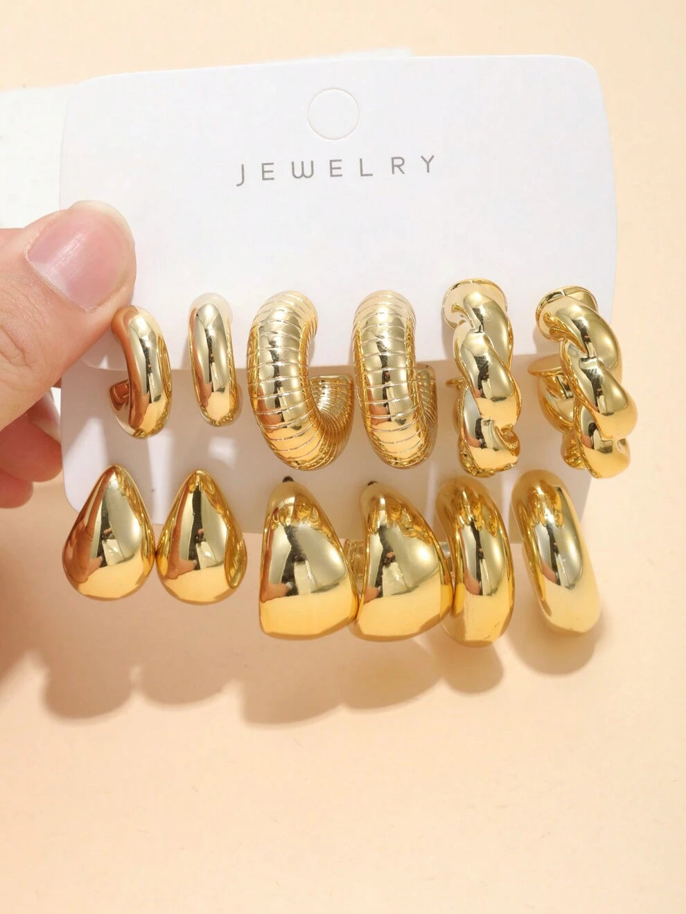 6pcs/Set Fashionable Metallic-Like Ccb Smooth Gold-Plated C-Shaped Hoop Earrings Set For Women's Daily Casual Wear