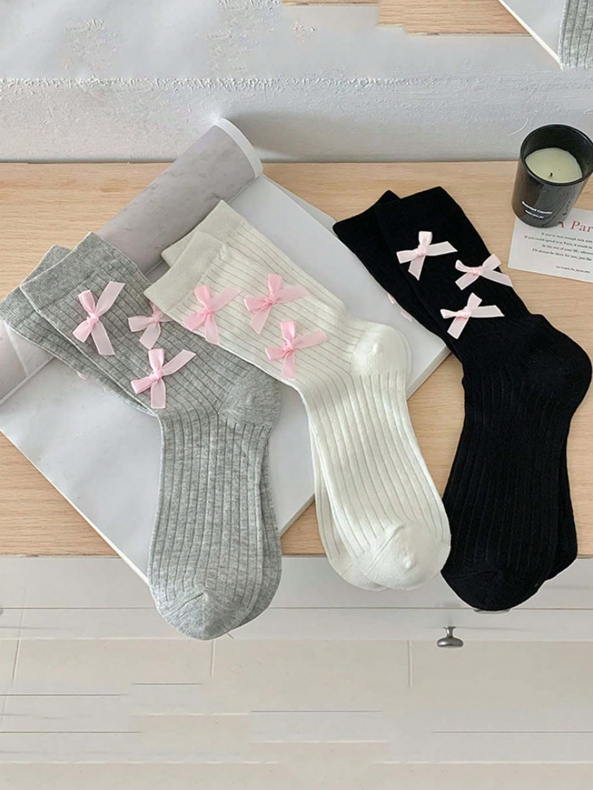 3pairs Ballet-Style JK Korean-Style Ribbon Bow INS Knee-High Socks For Girls, Spring And Summer