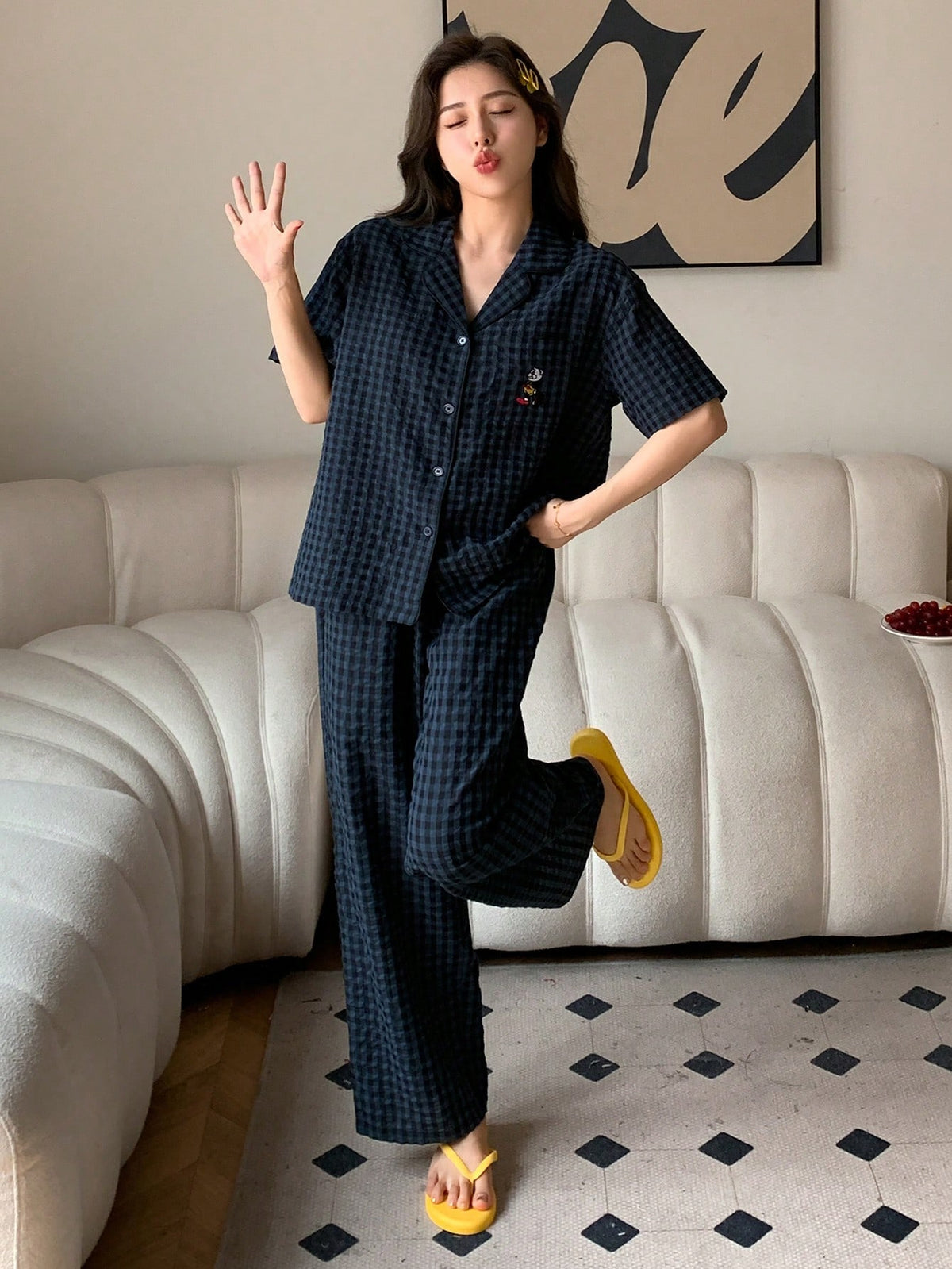 DAZY Checked Cartoon Embroidered Short Sleeve Top And Long Pants Pajama Set With Front Button