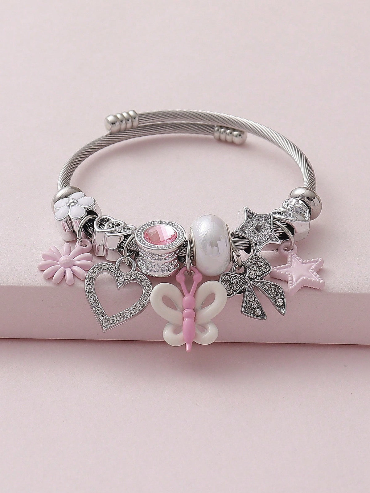 Pink Sweetheart Painting Oil Butterfly & Daisy Beaded Bracelet With Heart & Ballet Dancer Elements, Suitable For Women For Dating, Graduation, Parties And Everyday Wear