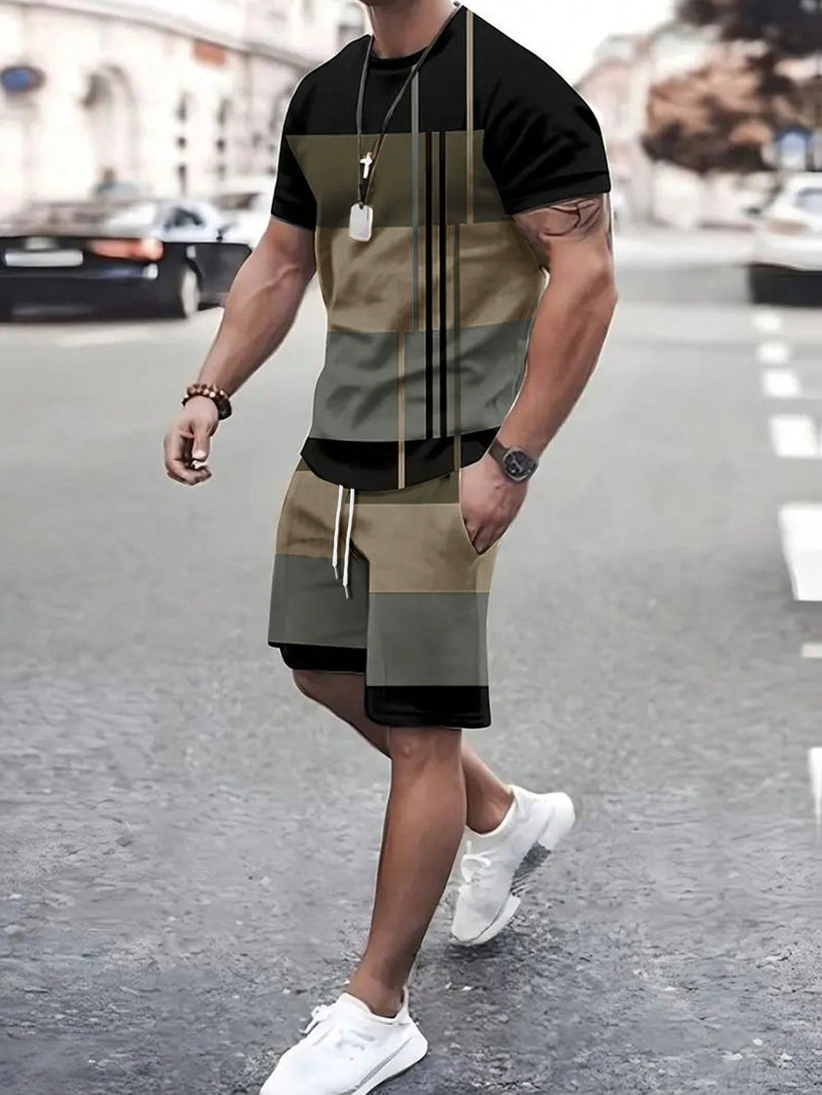 Men's Summer Striped Crew Neck Short Sleeve Casual T-Shirt And Drawstring Waist Shorts Set