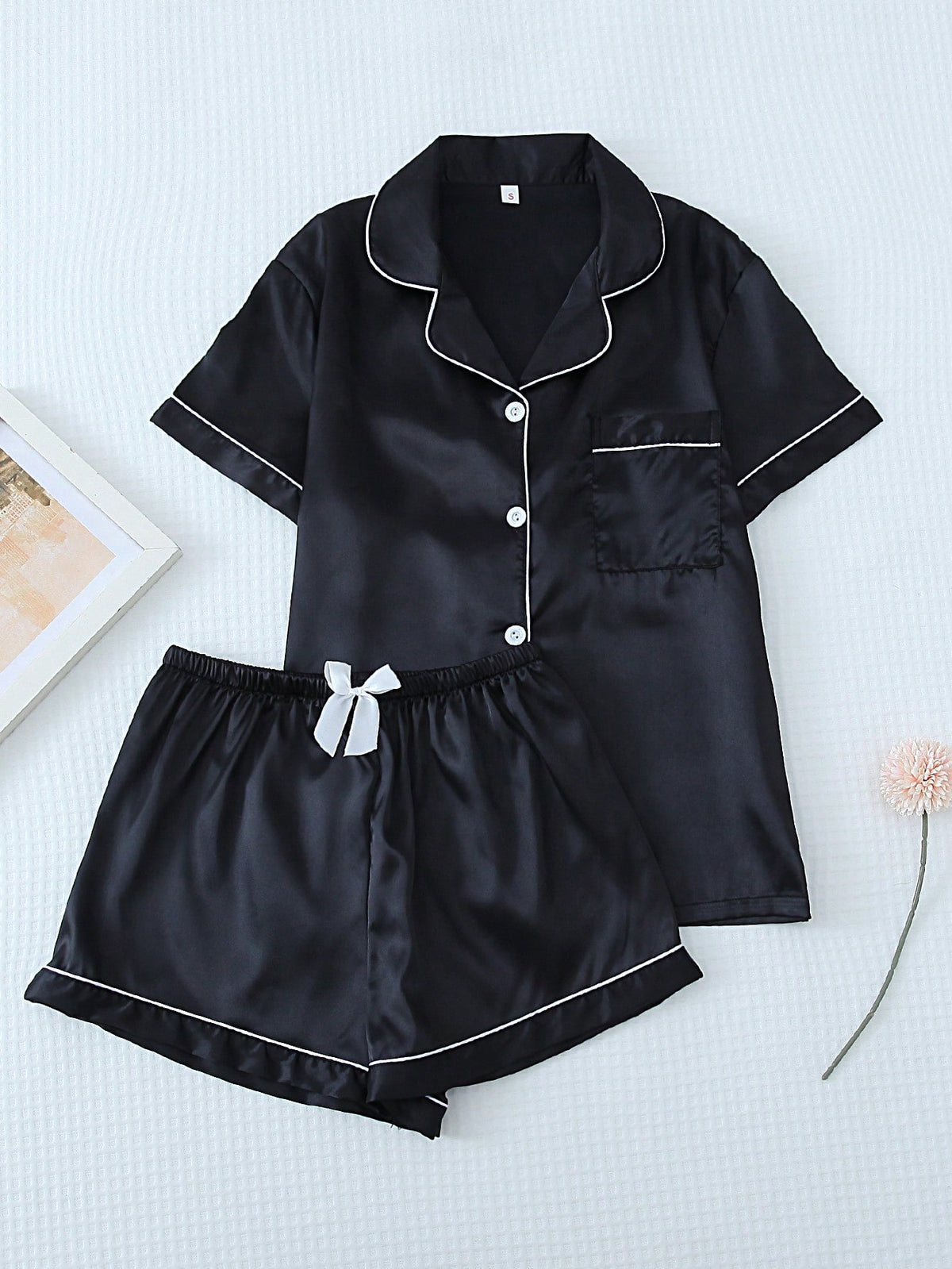 2pcs Satin Pajama Set, Women Short Sleeve Notched Collar Top And Bowknot Shorts Sleepwear Home Clothes