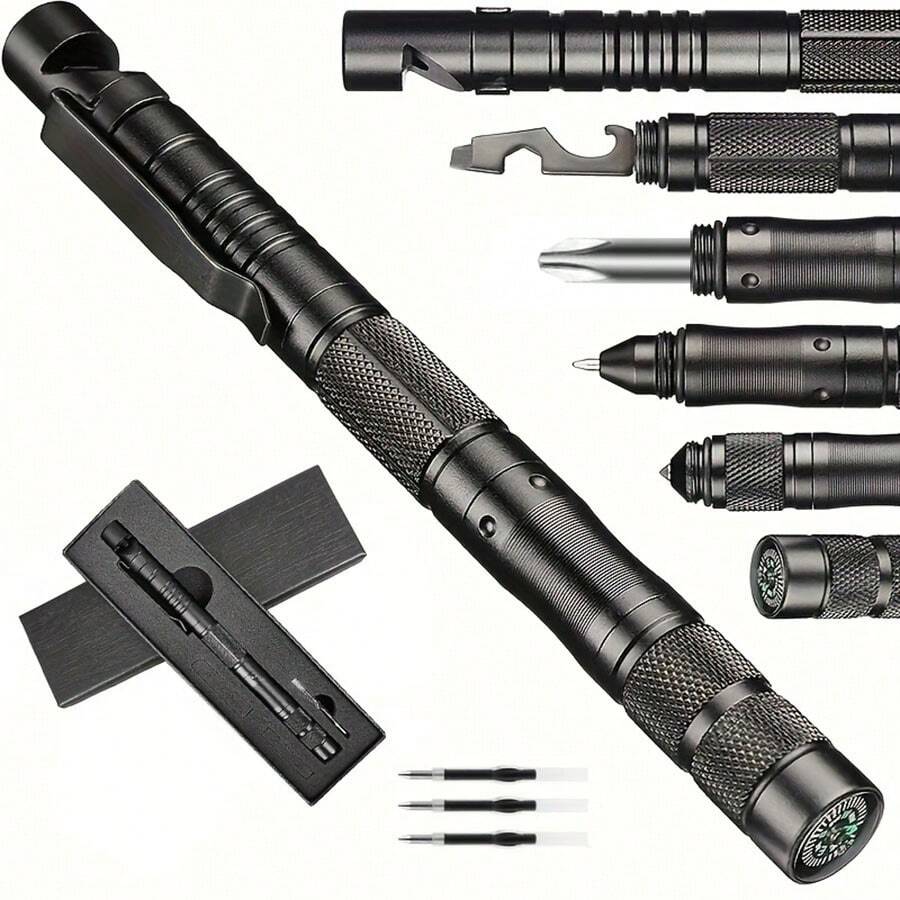 9-In-1 Tactical Pen, Gifts For Men Dad, Cool Gadgets For Men, Screwdriver Multi-Tool, Compass, Bottle Opener, Whistle, Ink Refills