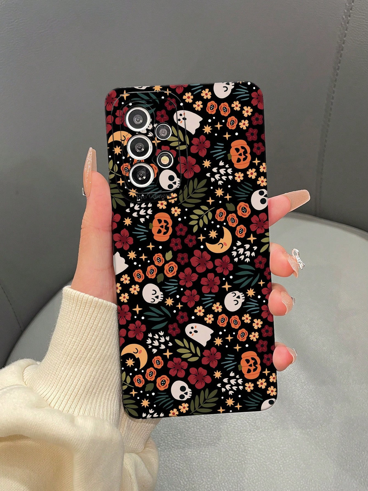 1pc TPU Matte Finish Pumpkin Skeleton Print Phone Case Compatible With Apple, Samsung, Xiaomi, Redmi, OPPO, INFINIX. Two Camera Cutout Styles Randomly Shipped