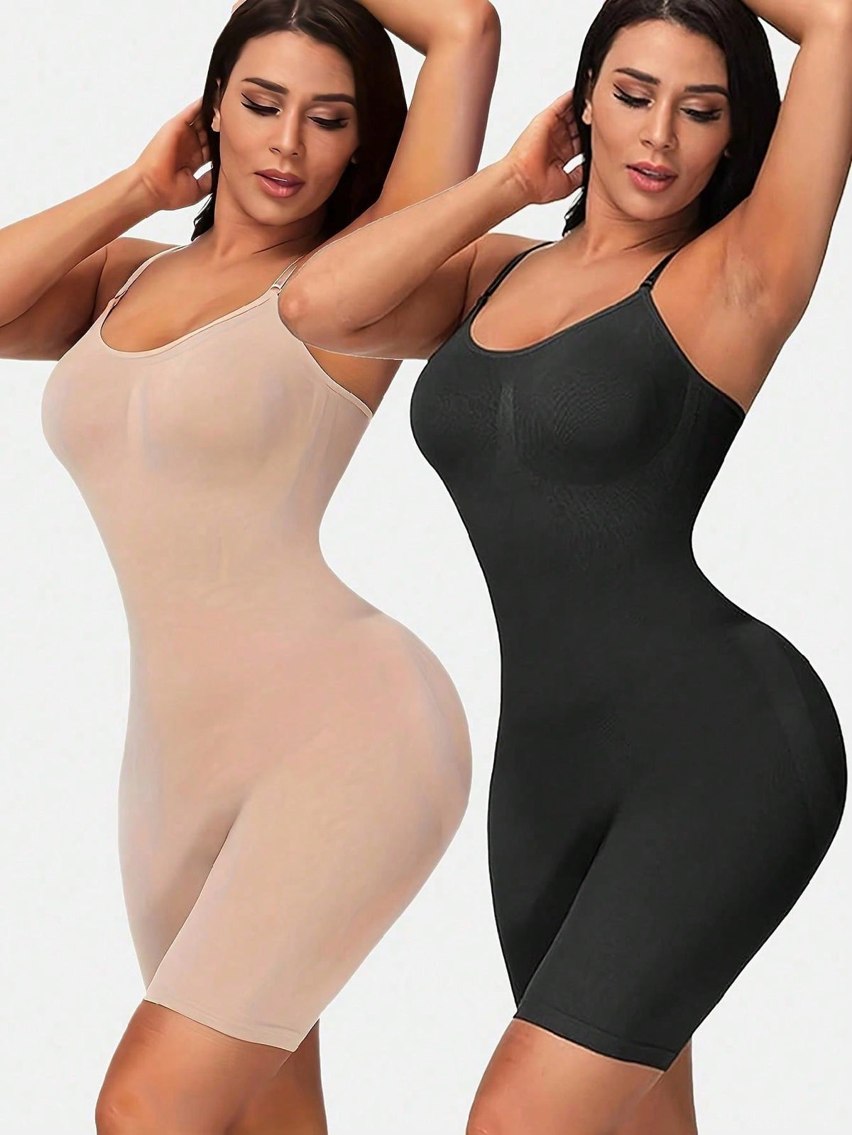 2pcs Seamless Unitard Romper Shapewear, Women Plus Size Full Body Shaper, No Underwire, No Padded, High Waist Compression, Tummy Control, Butt Lifter, Square Neckline, Solid Color, Plus Size