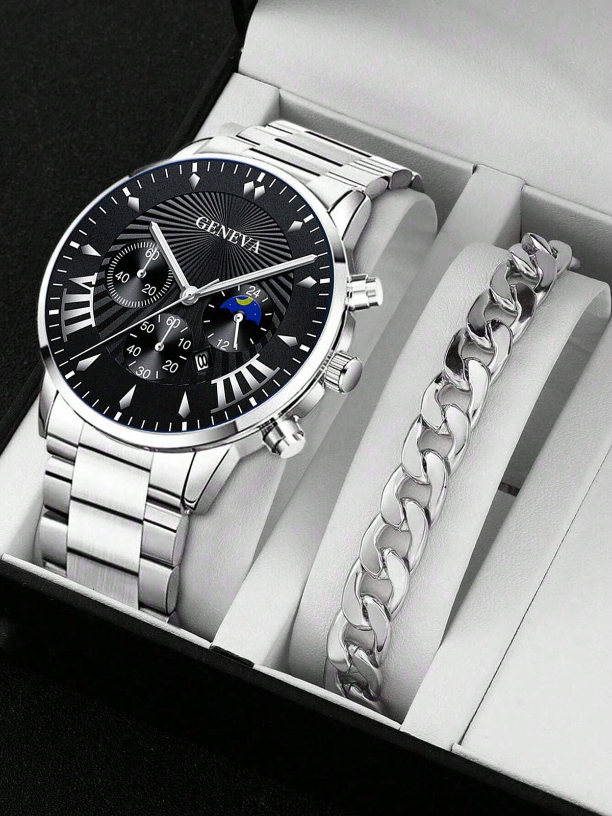 2pcs/Set Fashion Men Calendar Watch Business Casual Silver Stainless Steel Quartz Watch With Chain Bracelet As A Gift For Students Returning To School