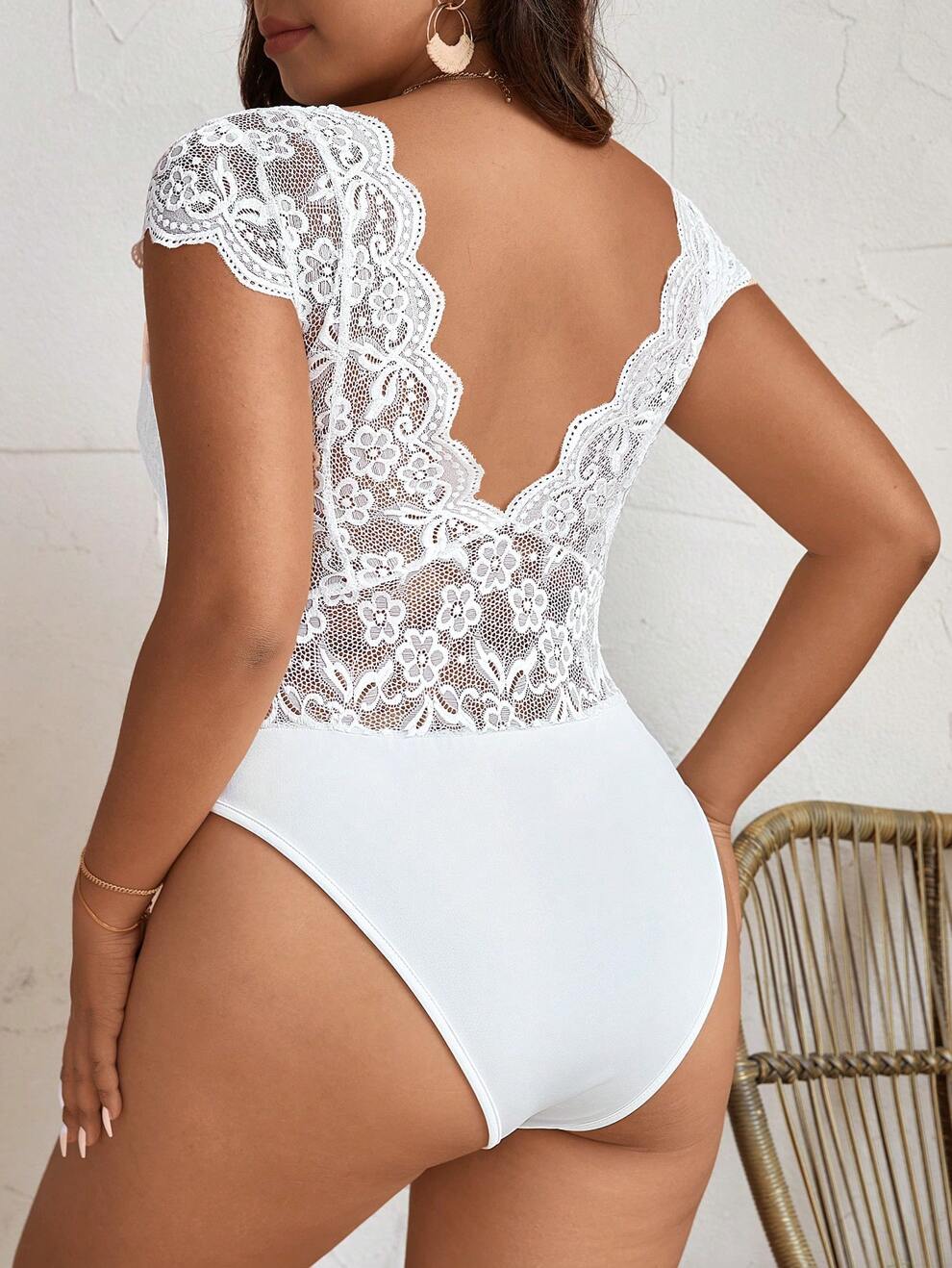 SHEIN Frenchy Plus Size Lace V-Neck Open Back Bodysuit