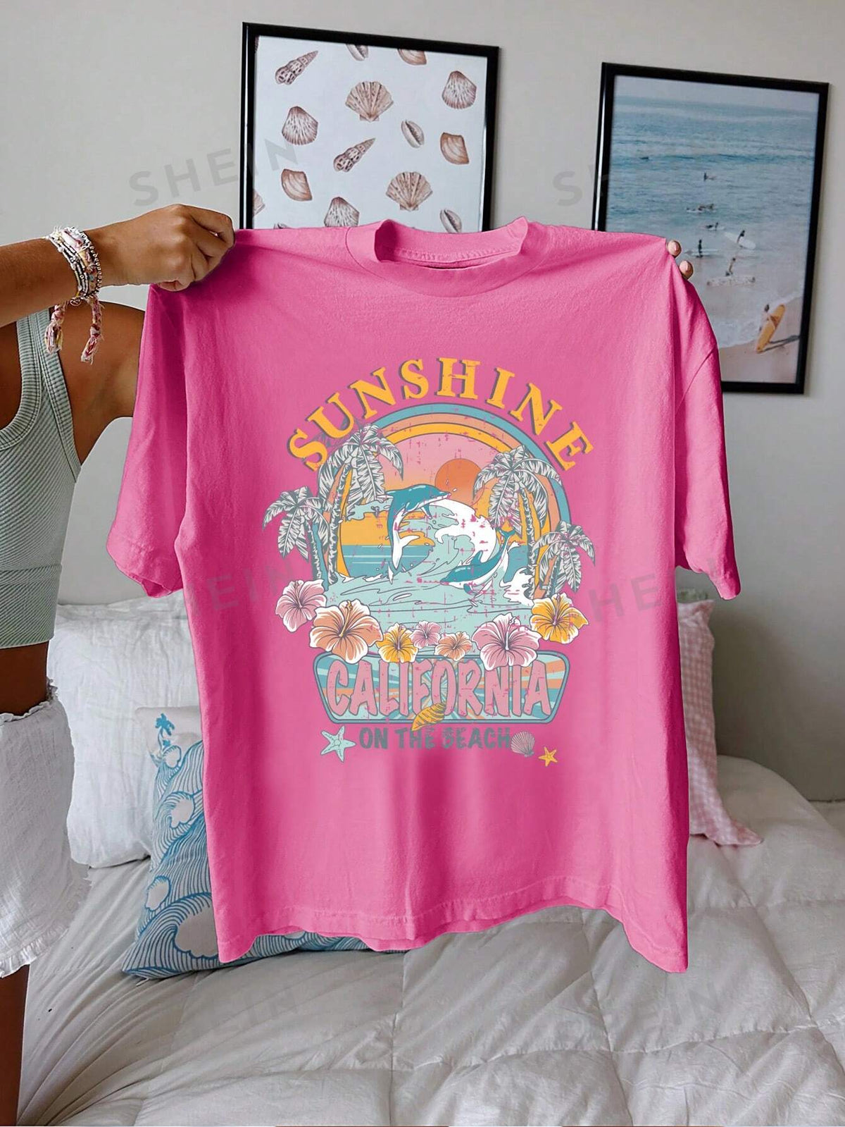 SHEIN EZwear Oversized Ocean & Palm Trees & Sunset Pattern Crewneck Short Sleeve Women's T-Shirt, Casual & Simple Style