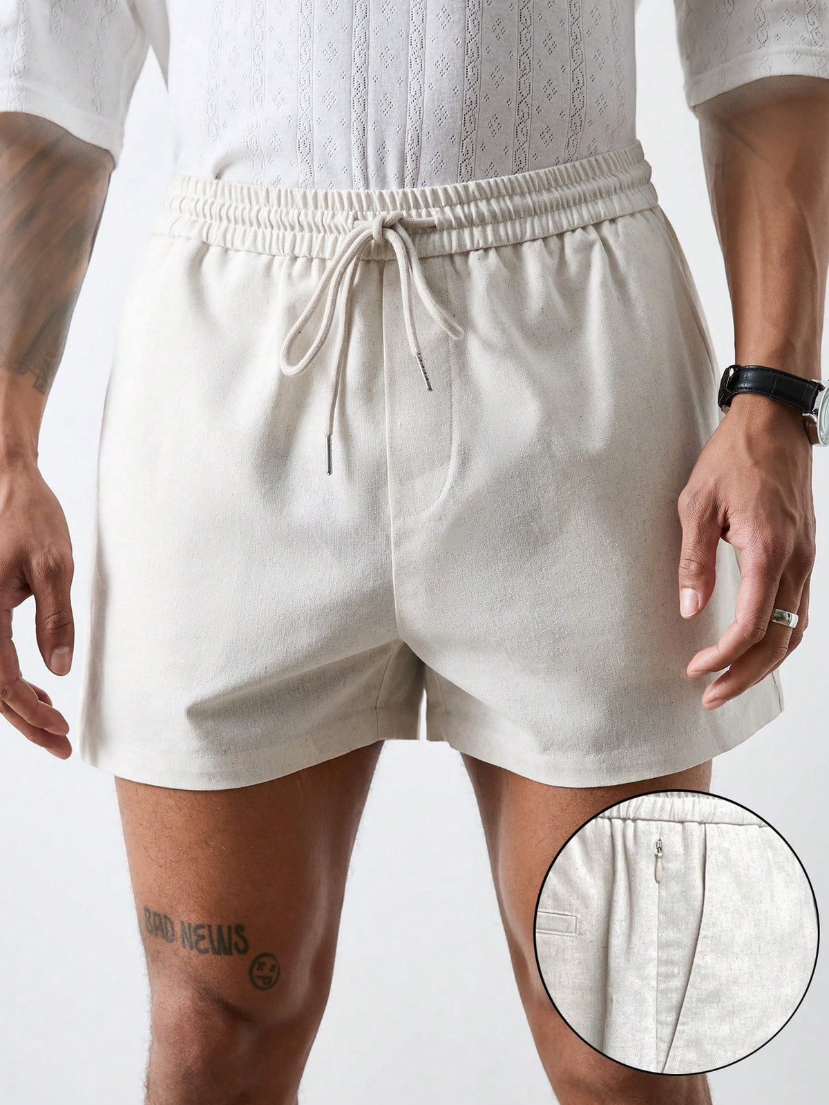 Forever 21 Men's Vacation Relaxed-Fit Linen Shorts In Khaki With Hidden Cellphone Zip Pocket