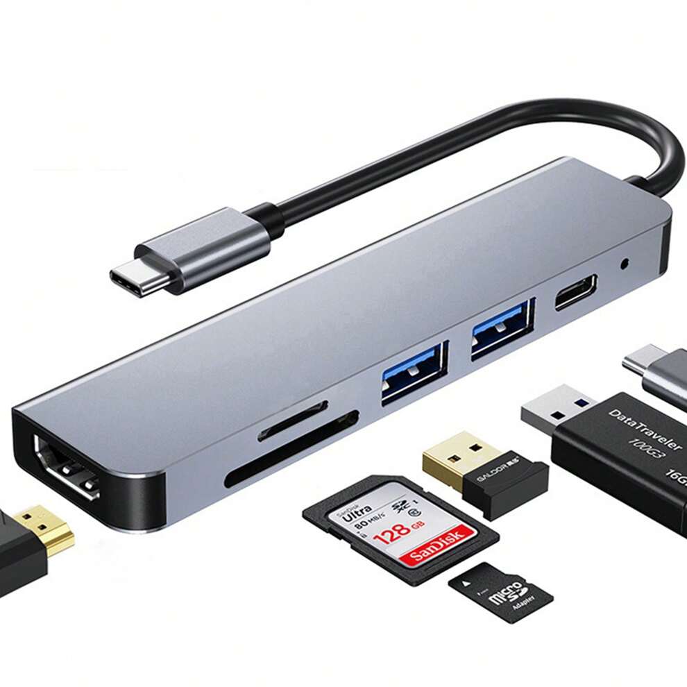 USB C Hub 6 In 1 Type C 3.1 To 4K HDMI Adapter with SD/TF Card Reader PD Fast Charge 2.0/3.0 data transfer port USB flash drive socket Compact and portable Carry on business trips for MacBook Laptop C