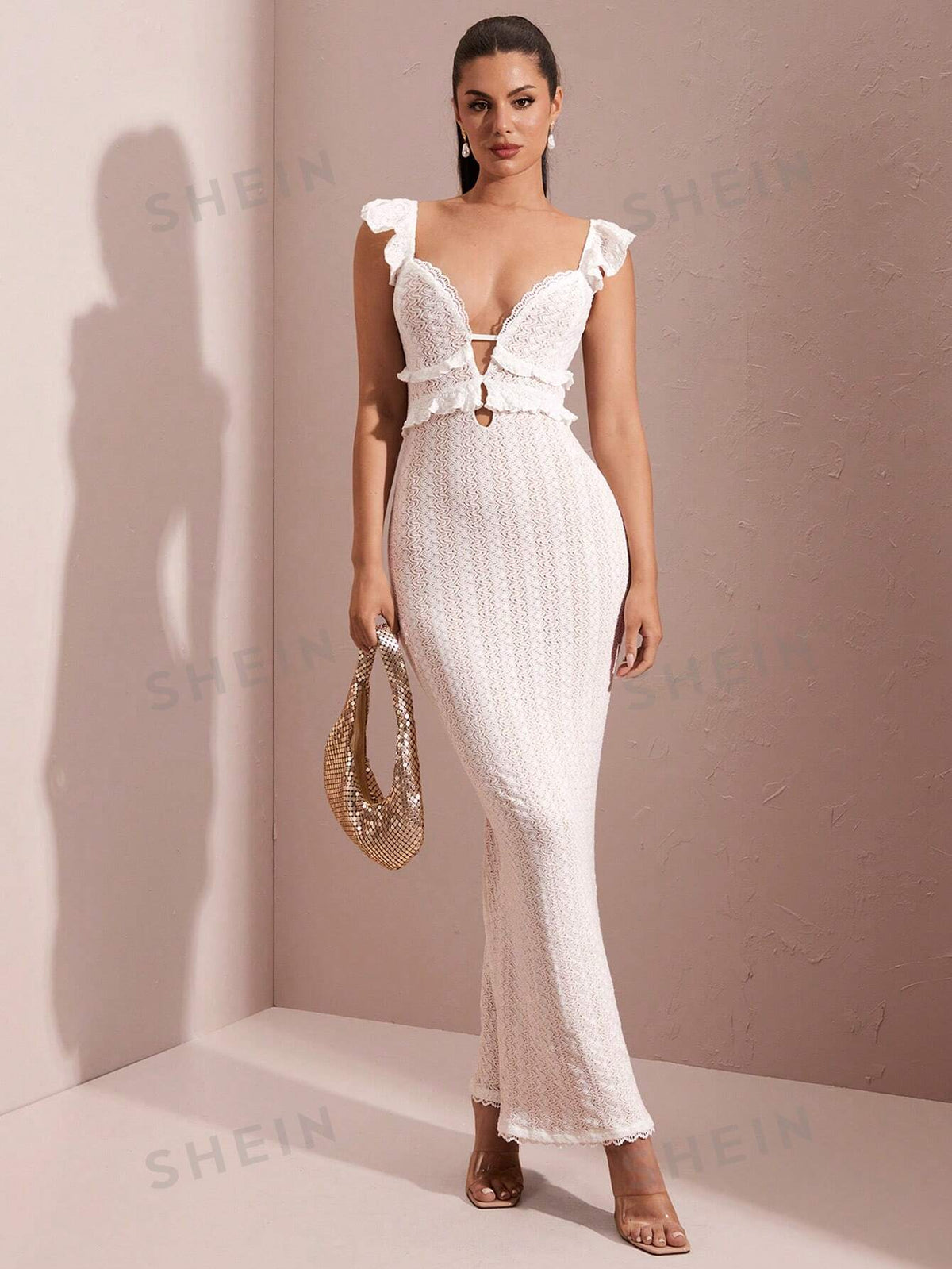 SHEIN BAE Sexy Hollow-Out Crochet Texture White Ruffled Flare Sleeve Backless Tie Waist Elegant Mermaid Dress