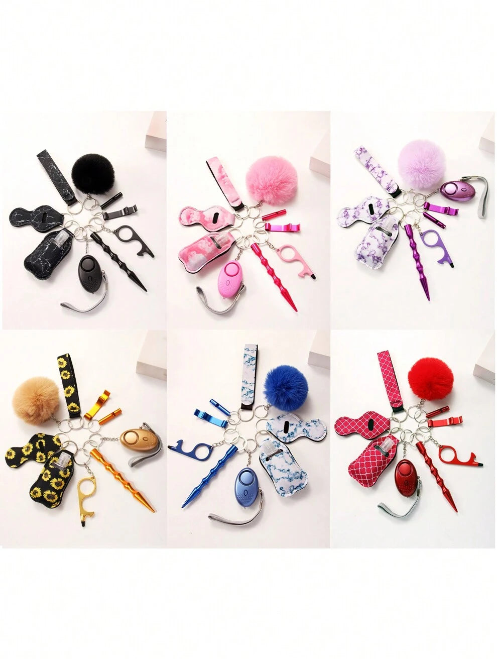 9pcs/Set Fashionable Self Defense Alarm, Fur Ball Keychain, Whistle, Bottle Opener, Hand Sanitizer/Scented Liquid Bottle Holder Keyring