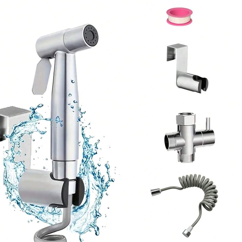 1 Set Contemporary Style Silver Handheld Bidet Sprayer For Toilet, 304 Stainless Steel, High Water Pressure Spray Gun, With Valve Diverter & Telescopic Hose Pipe & Sprayer Head Hanging Bracket