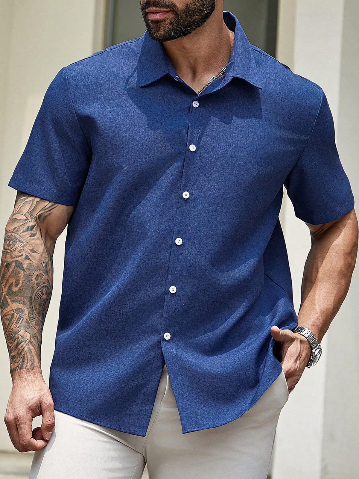 Manfinity Homme Men Plus Size Summer Solid Color Casual Commuting Short-Sleeved Shirt