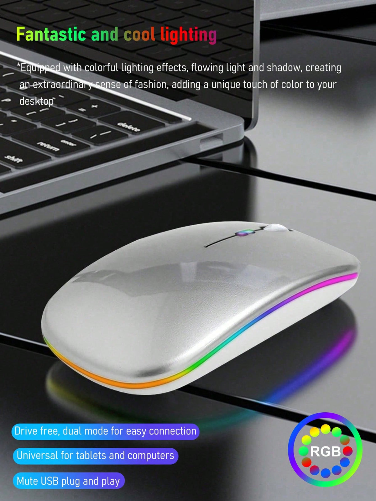 Portable Silent Wireless Mouse For Laptop & Tablet, Dual Mode Office Computer Mouse With Colorful RGB Backlight And Battery