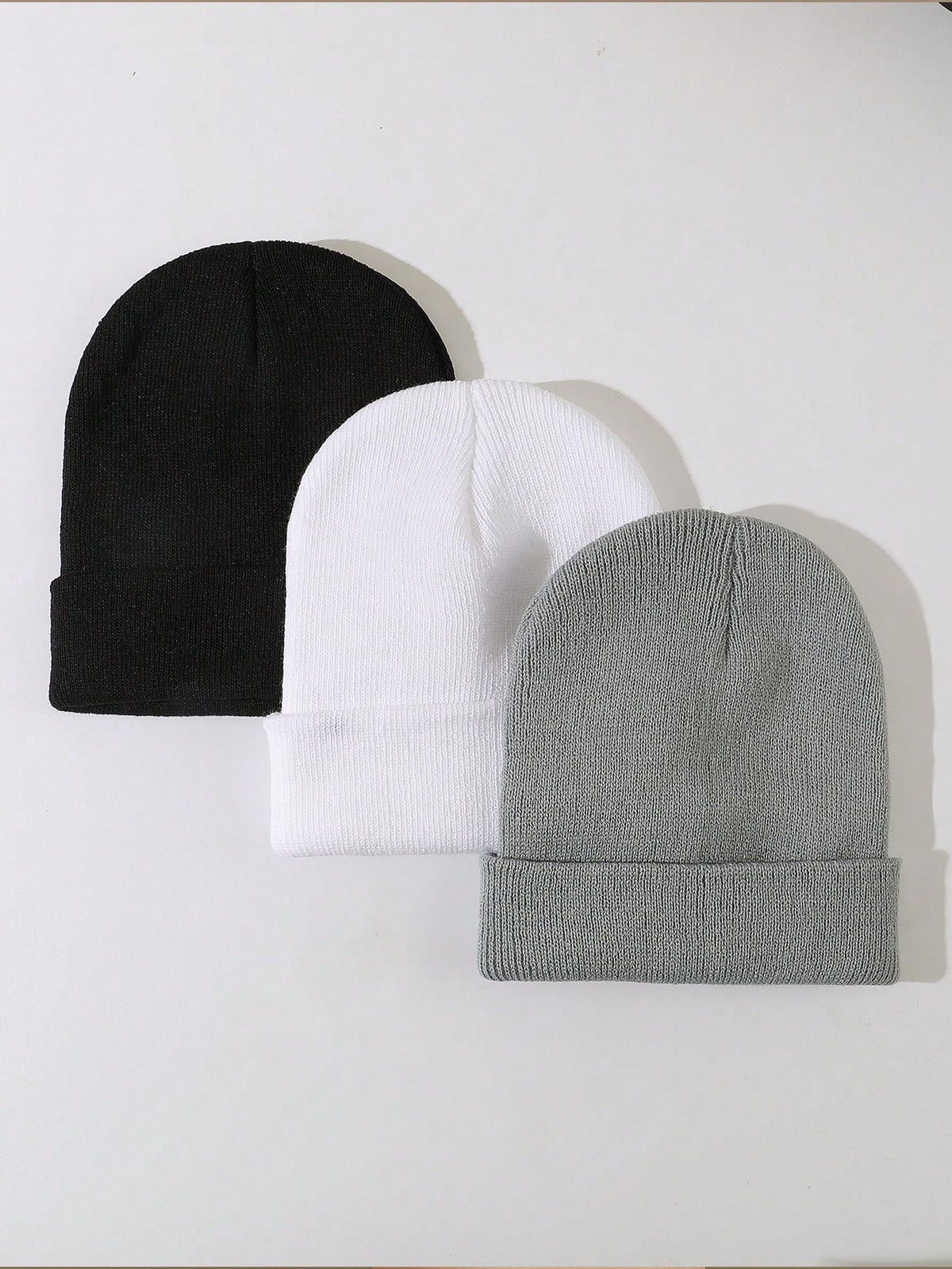 3pcs Simple Solid Color Fashionable Brimless Cap, Suitable For Daily Wear, Keep Warm Casual