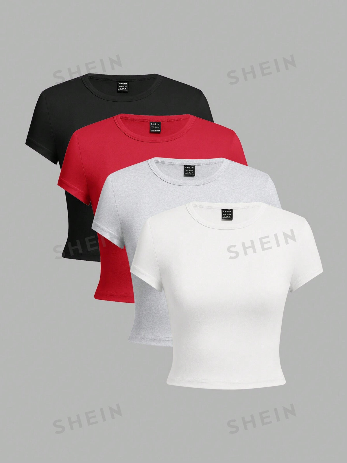 SHEIN EZwear 4pcs Set Of Simple Pattern Round Neck Short Sleeve Women's Cropped Tight T-Shirt, Casual