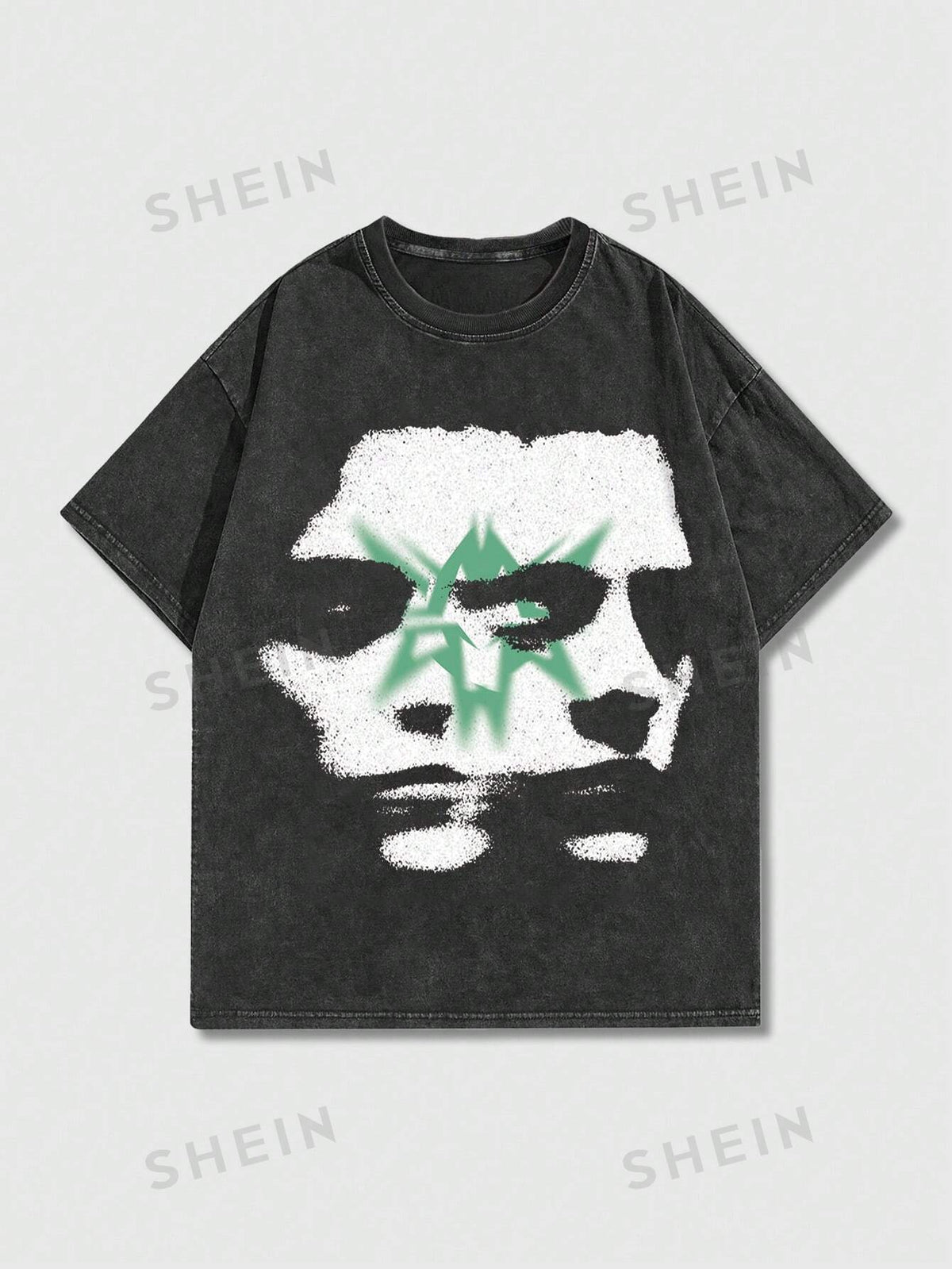 ROMWE Goth Men's Vintage Washed T-Shirt With Blurred Portrait Print