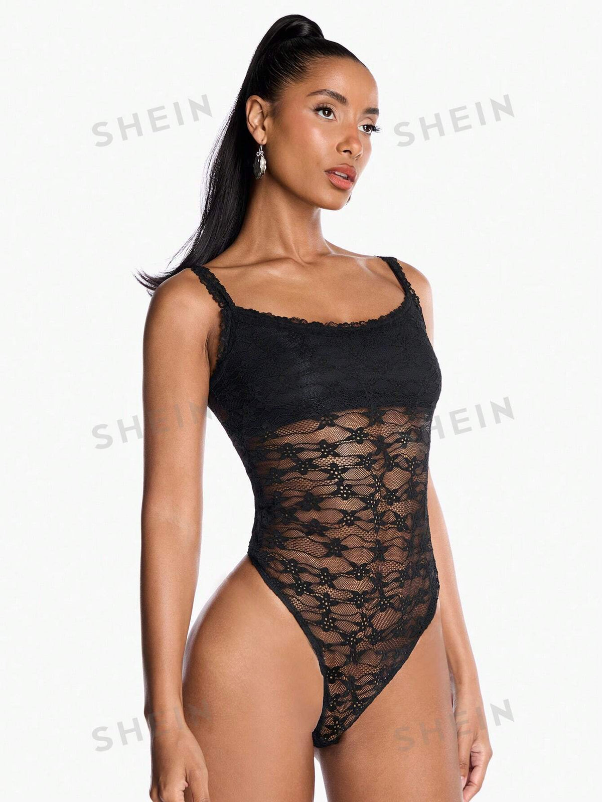 SHEIN BAE Summer Victoria Secret Black Lace See-Through Beachwear Bodysuit,Country Concert Outfit,4th Of July Swimsuit,Women Bathing Suits