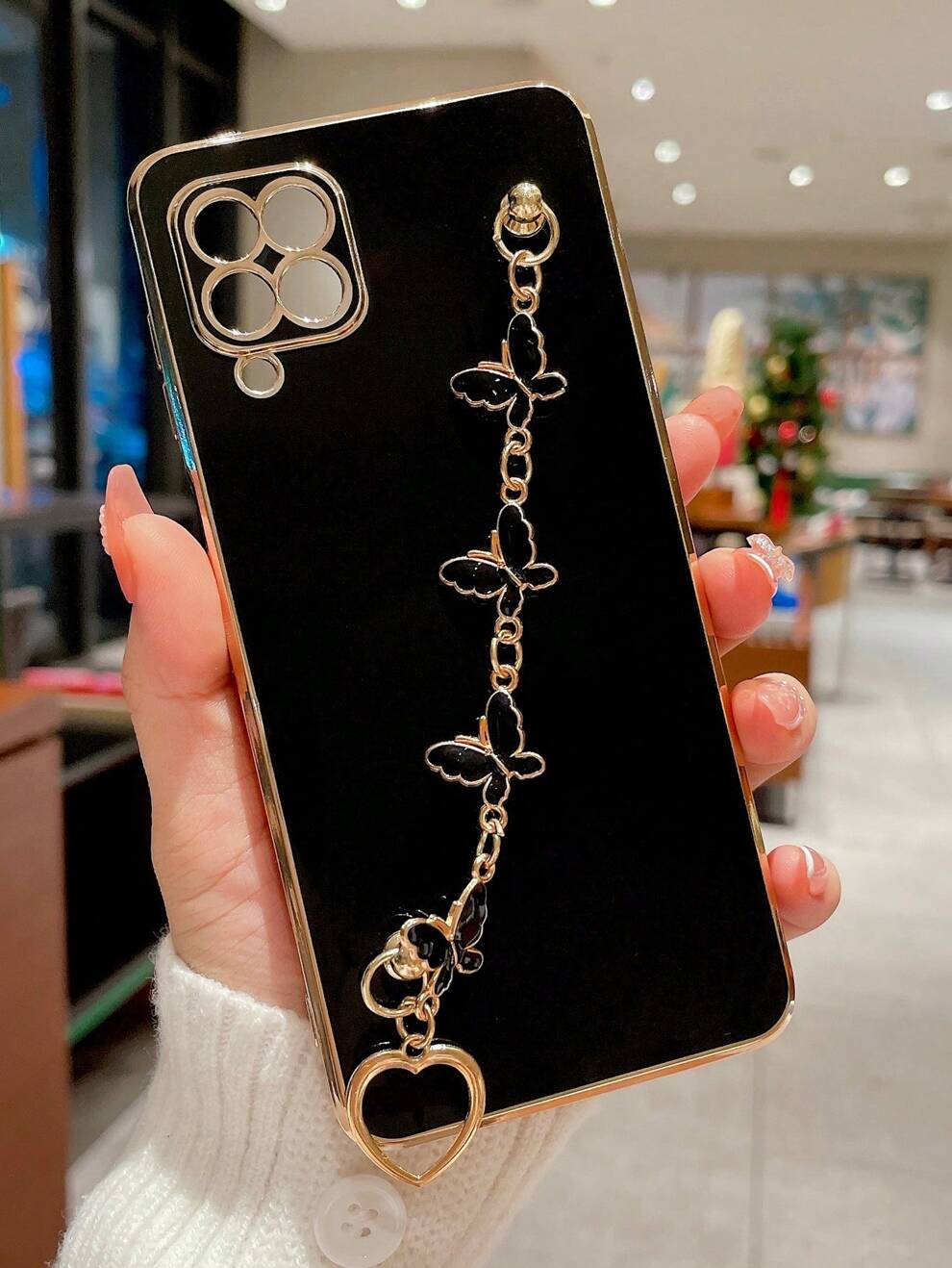 1pc Black 6d Plating Tpu Phone Case With 1pc Plating Butterfly Chain For Anti-shock, Compatible With Apple, Samsung, Xiaomi, Huawei, Oppo Phones Compatible With iPhone15/15Plus/15Pro/15Promax