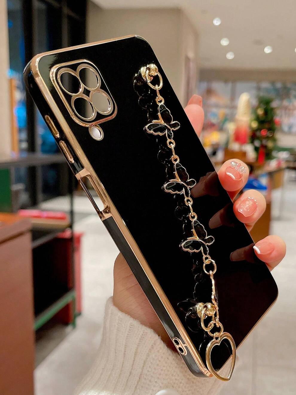 1pc Black 6d Plating Tpu Phone Case With 1pc Plating Butterfly Chain For Anti-shock, Compatible With Apple, Samsung, Xiaomi, Huawei, Oppo Phones Compatible With iPhone15/15Plus/15Pro/15Promax