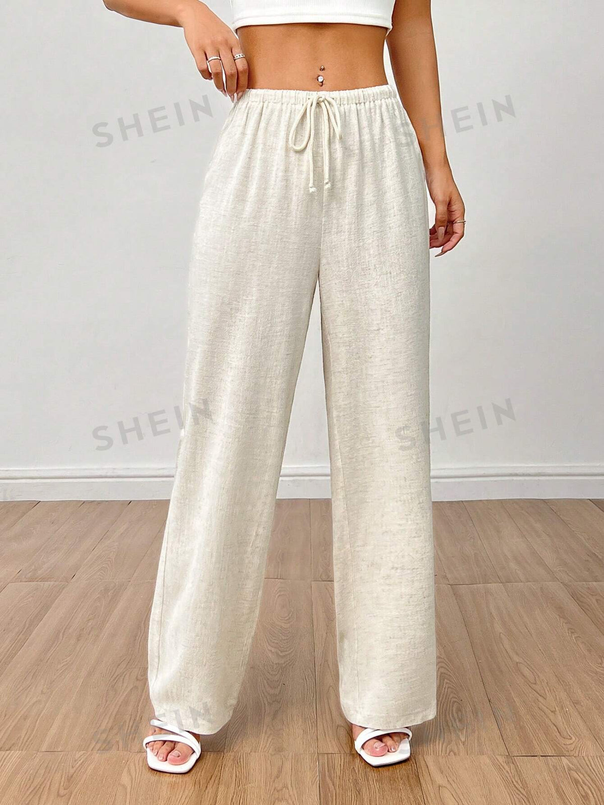 SHEIN PETITE Women's Linen High Waisted Summer Baggy Pants