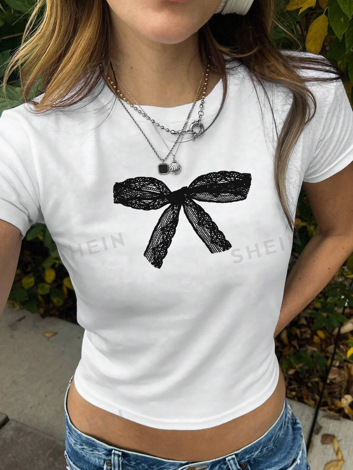 SHEIN EZwear Women Casual Round Neck Short Sleeve T-Shirt With Bow Detail Print For Daily Wear In Spring And Summer