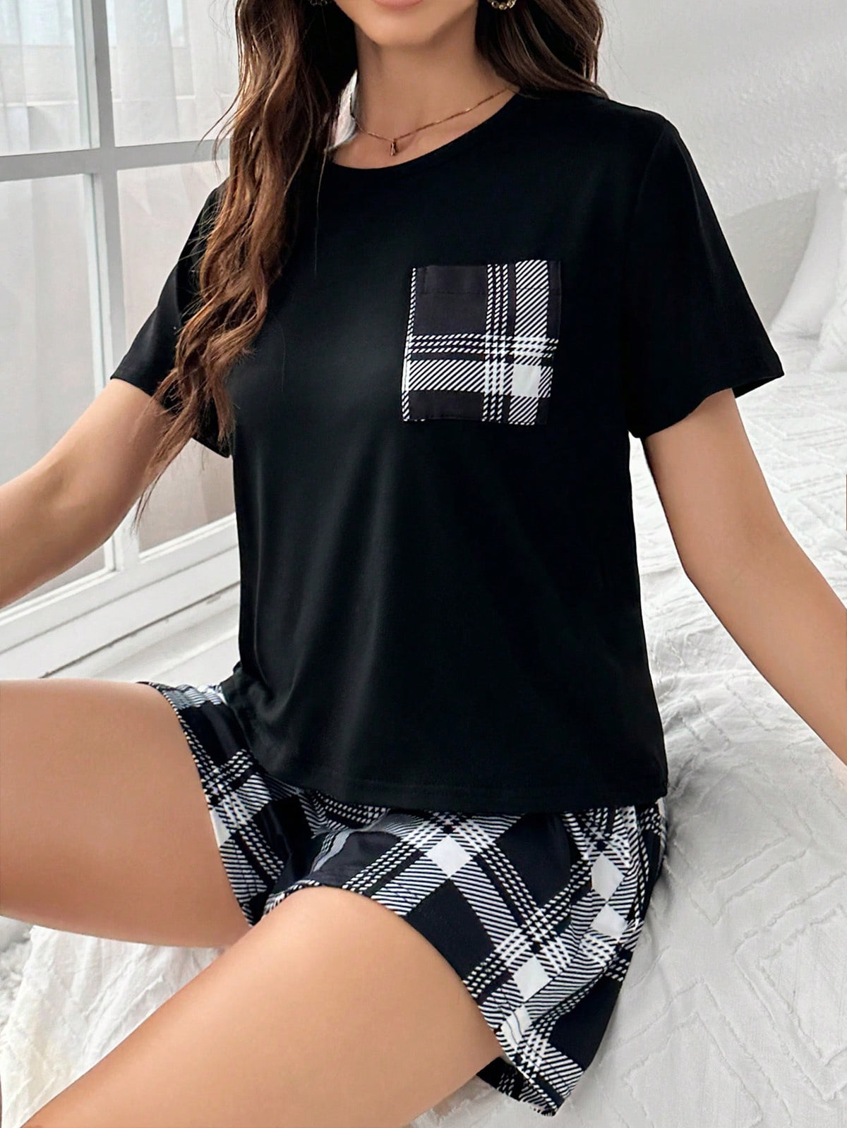 Plaid Pocket Printed Short Sleeve Top And Plaid Shorts Pajama Set