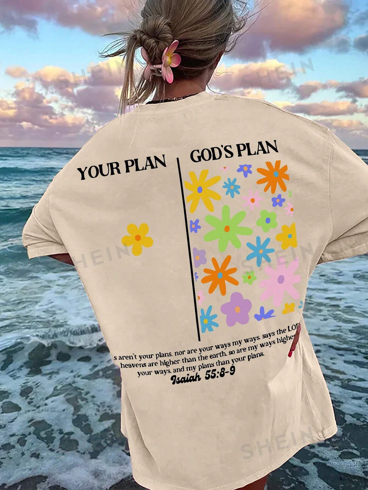 SHEIN EZwear Women's Summer Loose Fit Casual T-Shirt With Slogan And Floral Print, Round Neckline And Batwing Sleeves, YOUR PLAN GOD'S PLAN My Plans Aren't Your Plans, Nor Are Your Ways My Ways Says T