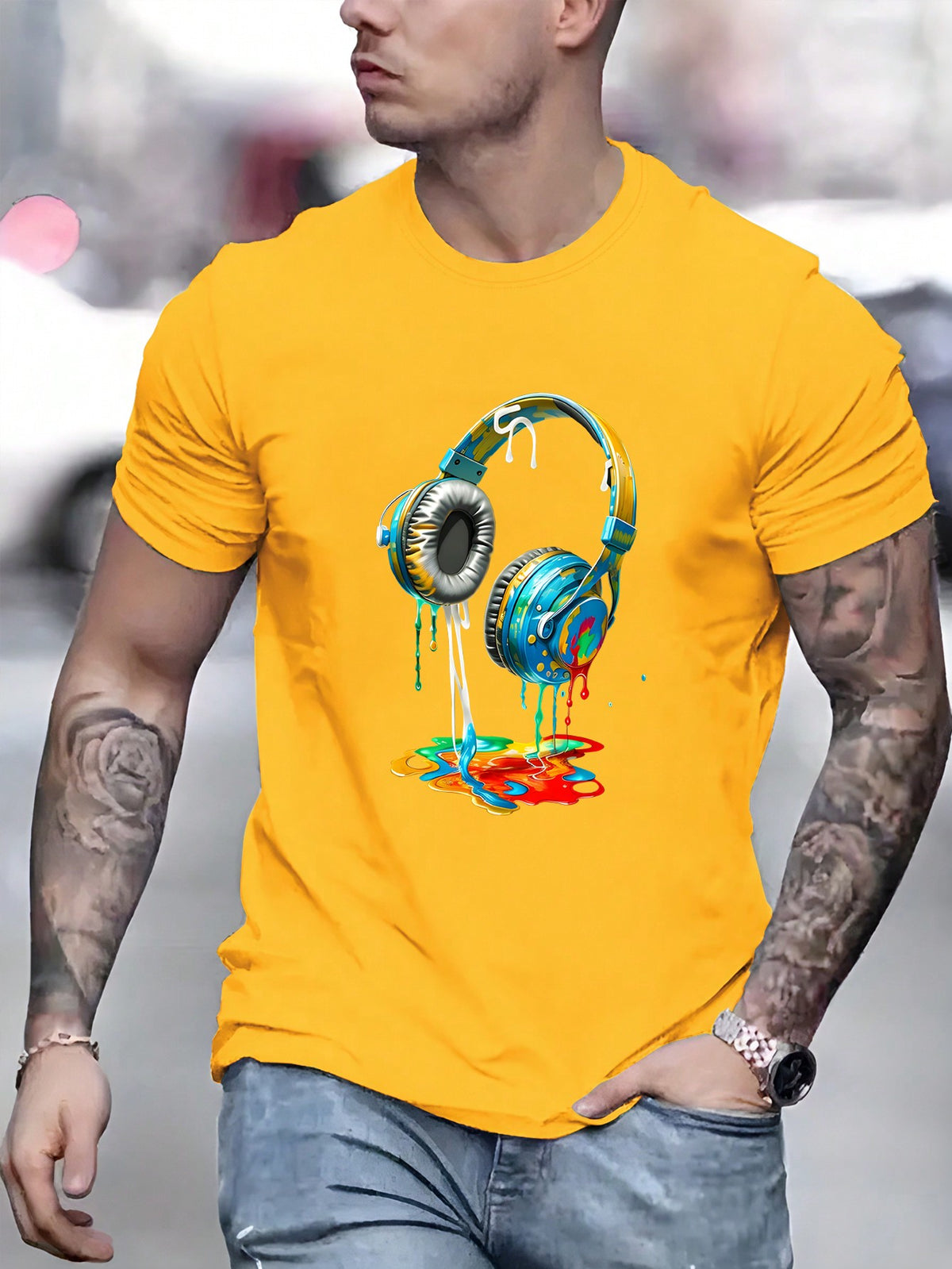 Men Casual Spring/Summer T-Shirt With Headphone Print