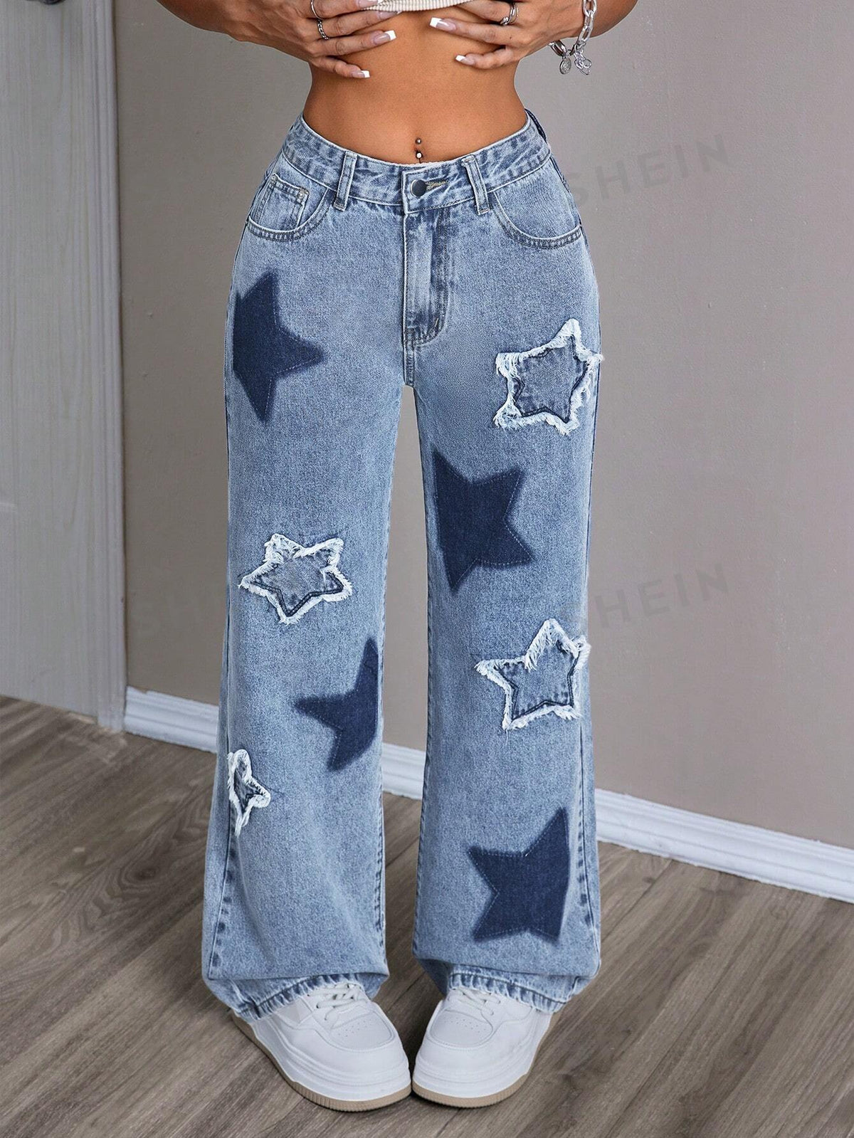 SHEIN EZwear Women's Wide Leg Starry Print Jeans With Distressed Cut Design