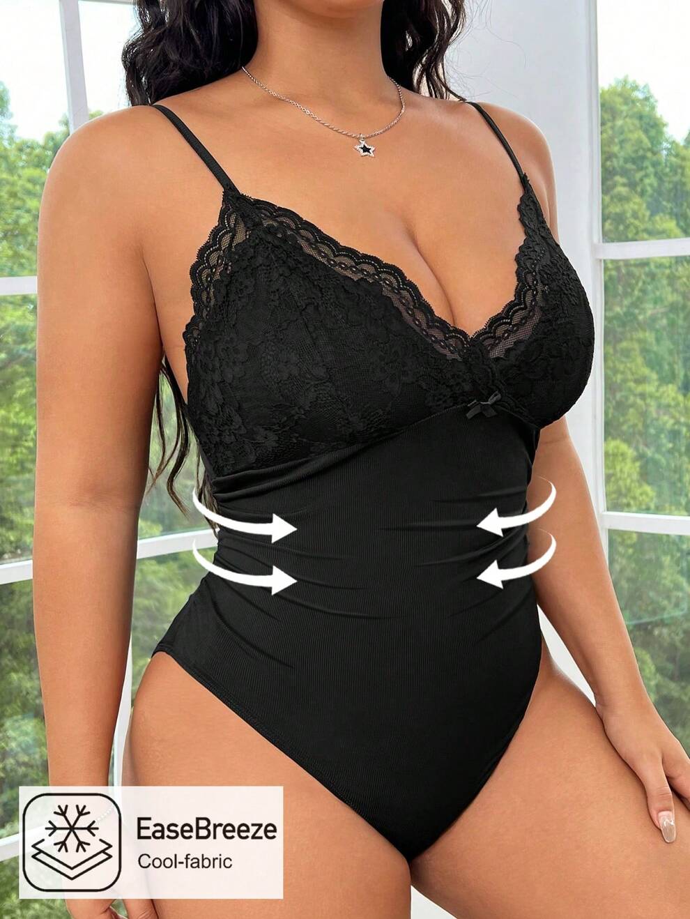 SHEIN EZwear Plus Size Women's Cooling Ice Silk Black Bodysuit With Lace Bowknot Decoration, Elastic And Slimming Solid Color Romper For Summer