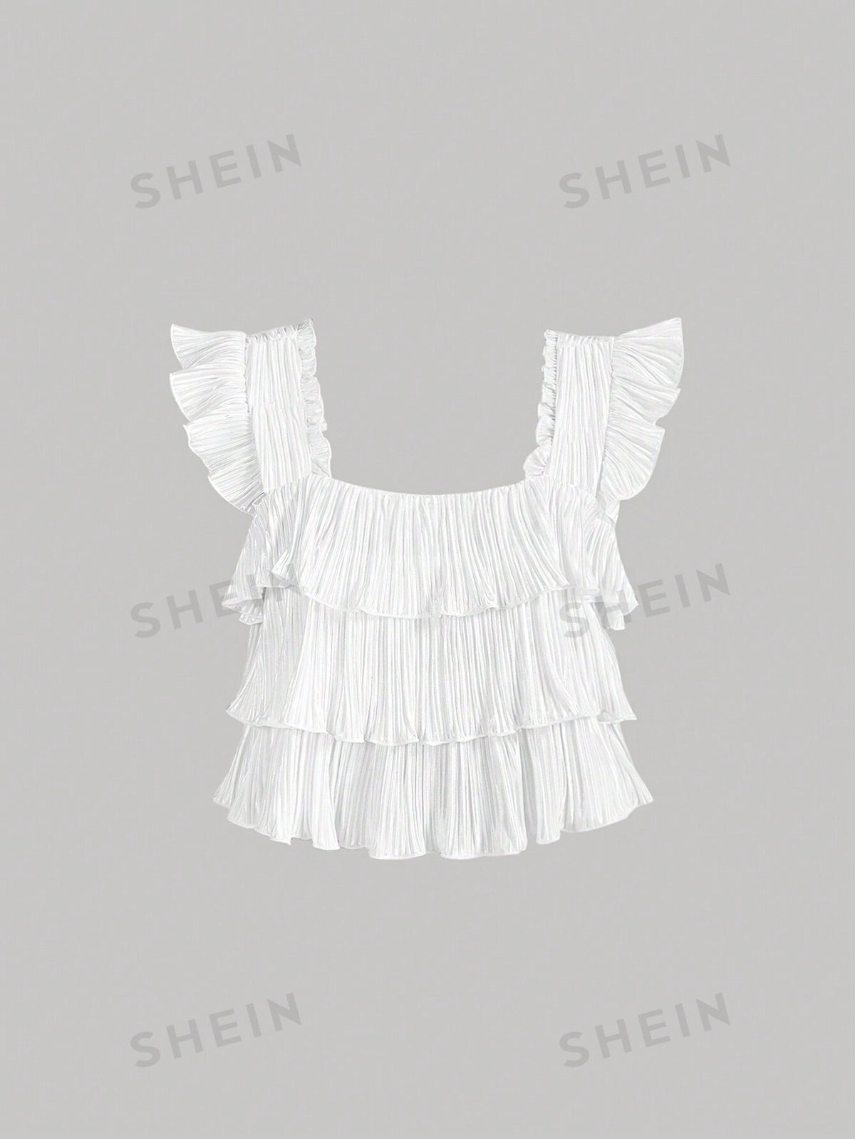 SHEIN MOD White Pleated Ruffle Trim Cute Romantic Girls Summer Blouse