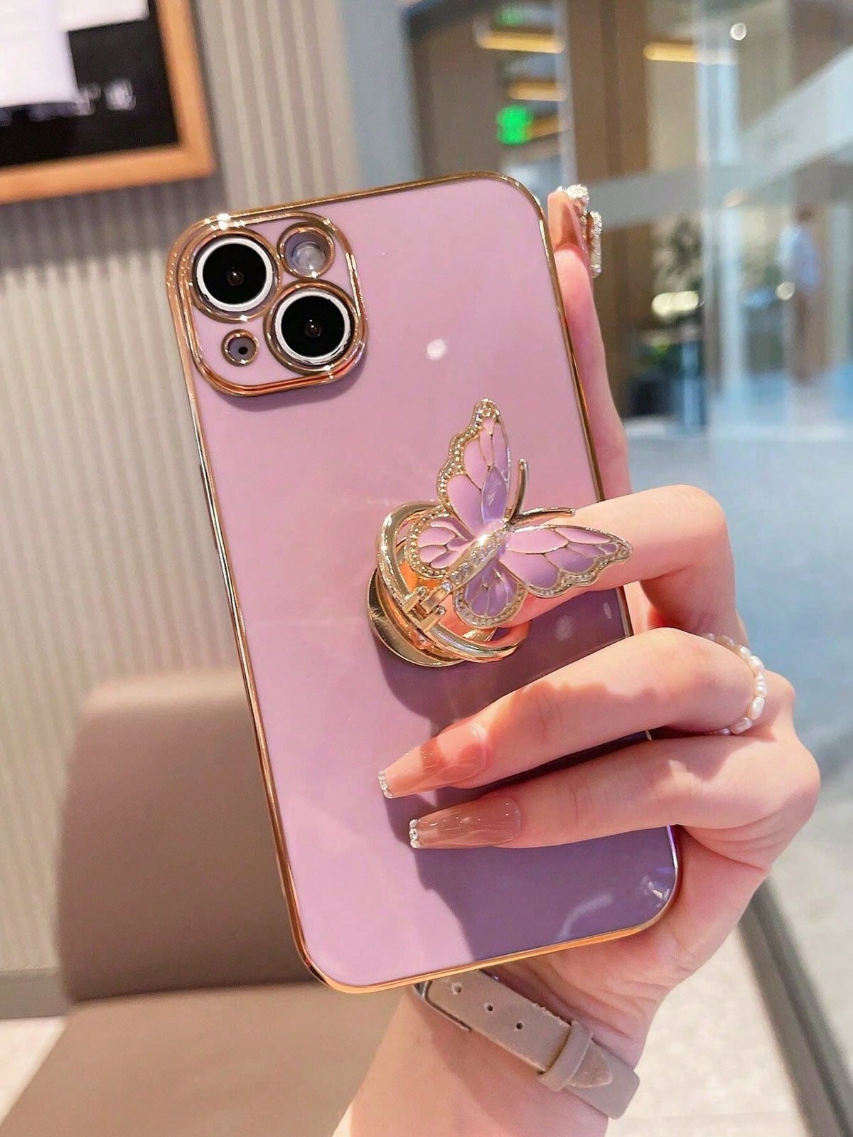 1pc White Personality Electroplating 3d Rhinestone Butterfly Bracket Elegant Phone Case Compatible With iPhone15/15Plus/15Pro/15Promax