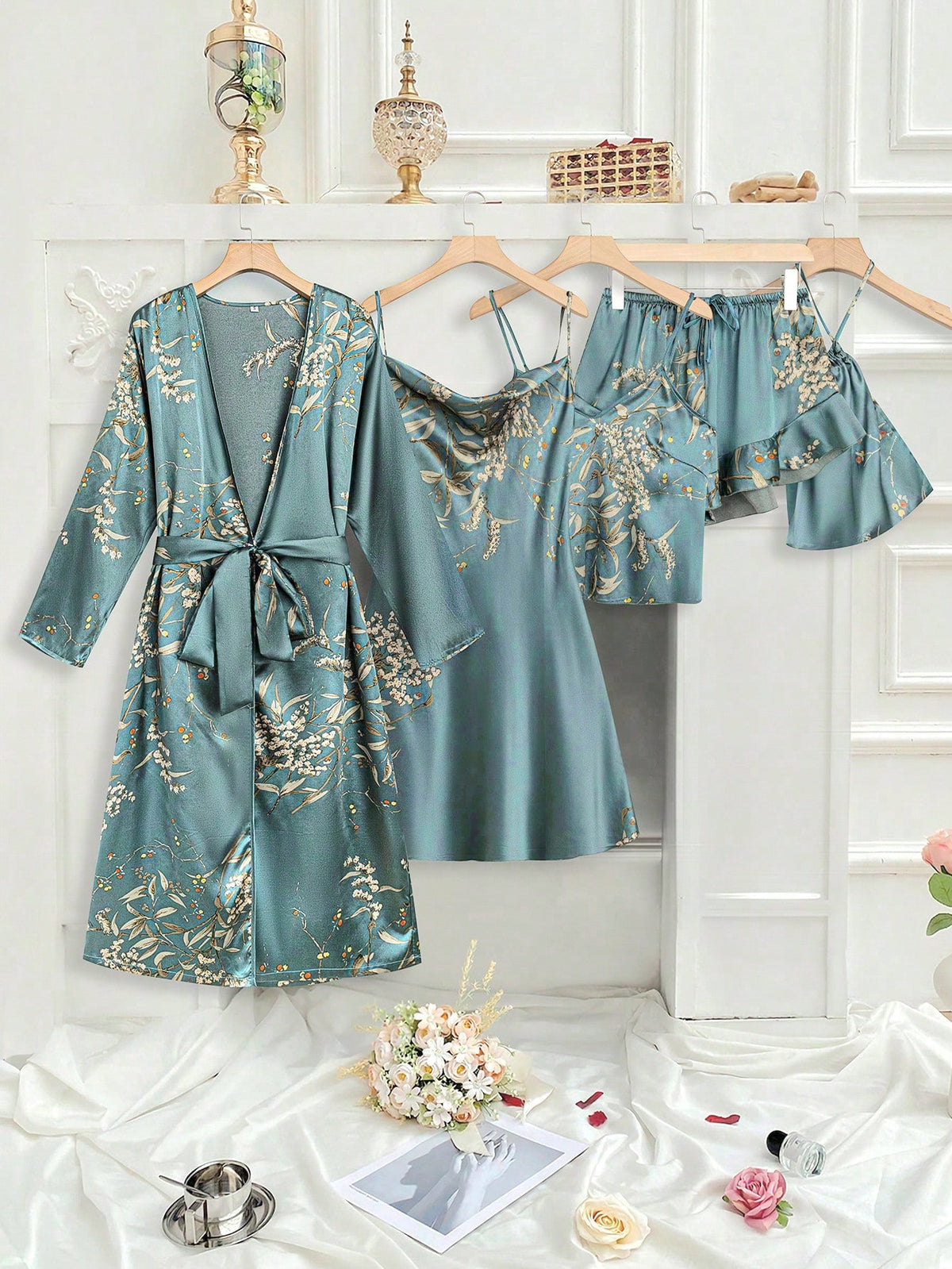 Shein LuxeNights 5pcs/Set Silk-Like Flower Print Camisole Top & Shorts & Dress & Robe & Storage Bag, Pajama Set