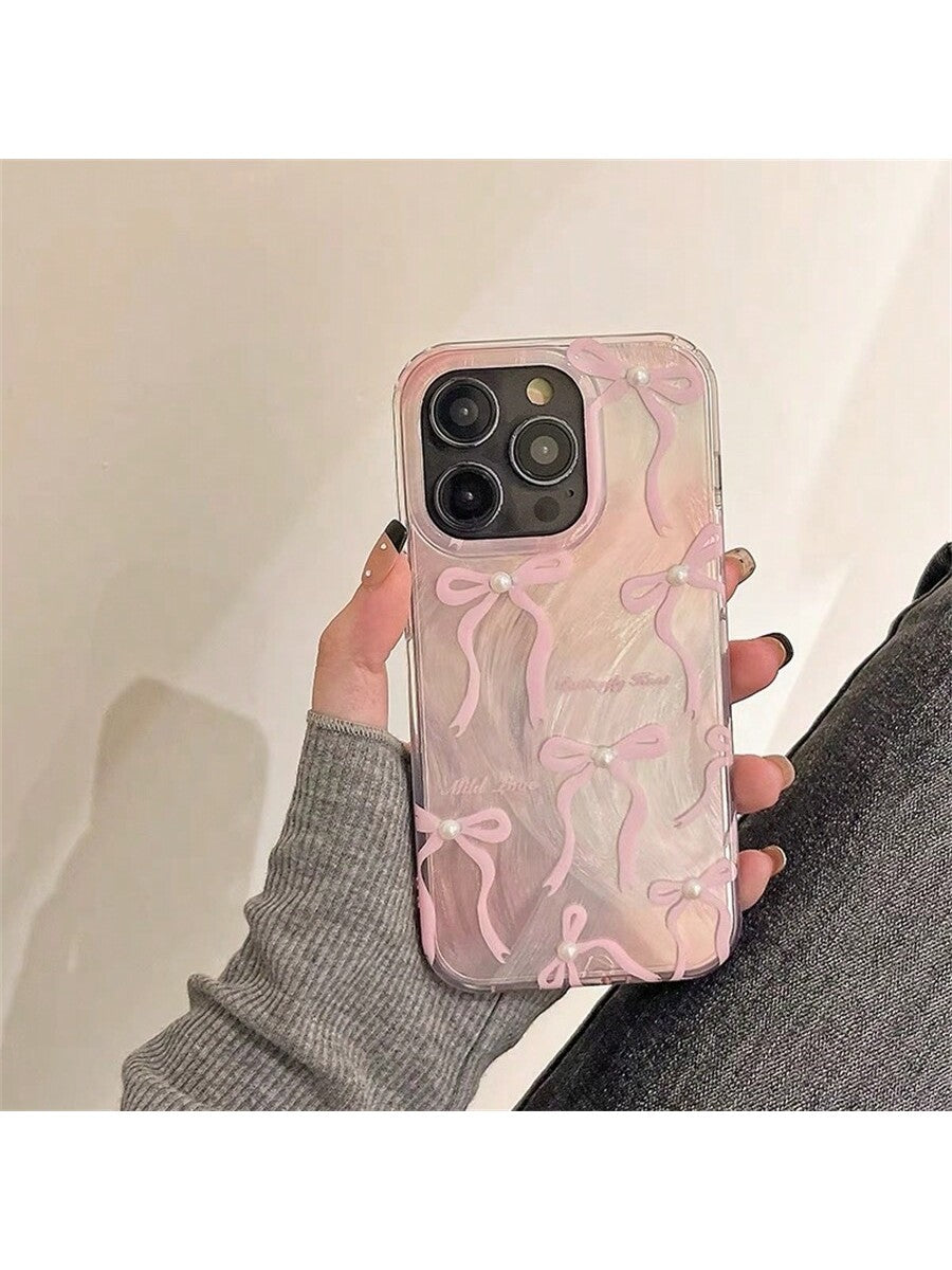 Luxury 3D Pearl Pink Bowknot IMD Phone Case Compatible With IPhone 14 Pro Max/14 Pro/14, IPhone 15 Pro Max/15 Pro/15 And IPhone 13 Pro Max/13 Pro/11/12, Cute Cartoon Anti-Fall Design, For Women