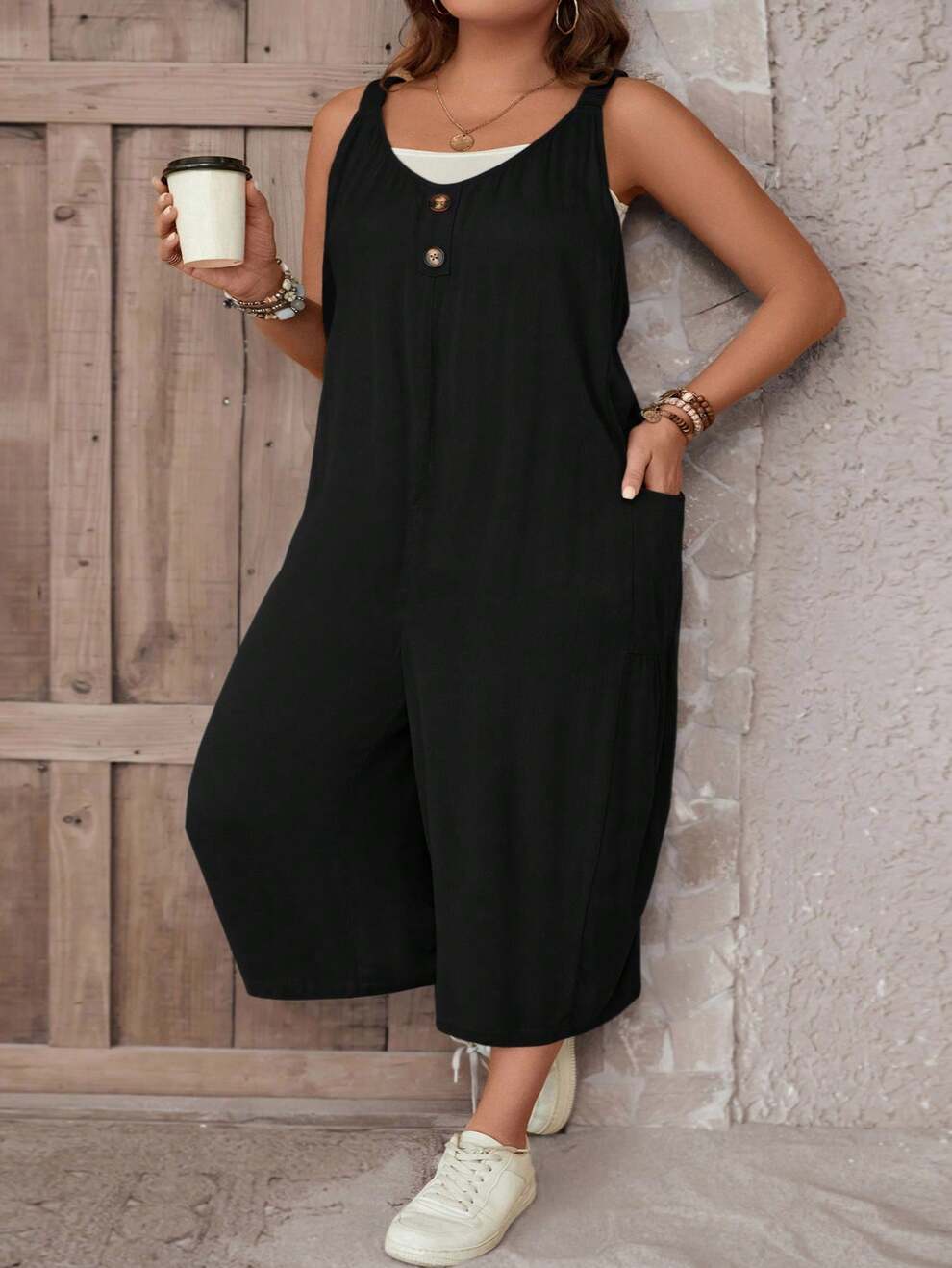 SHEIN CURVE+ Plus Size Front Buttoned Two-Pocket Jumpsuit Without Camisole