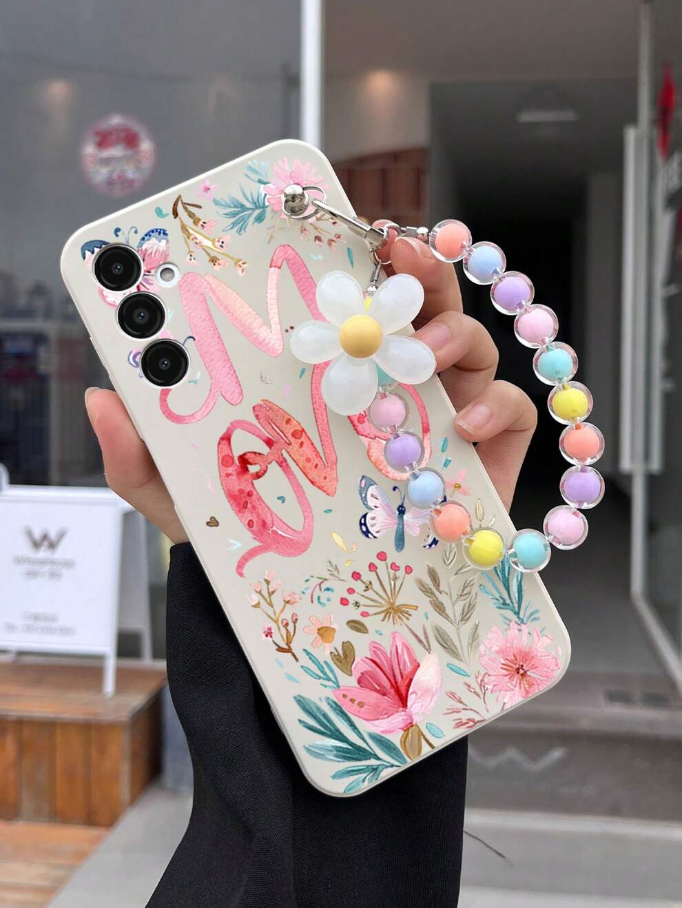 1pc White Literary Pattern TPU Anti-Fall Phone Case And 1pc White Flower Beaded Bracelet For IPhone/Matching Phone Case/Stand Phone Case/Funny Phone Case/Android Phone Case/Samsung Phone Case/Xiaomi P