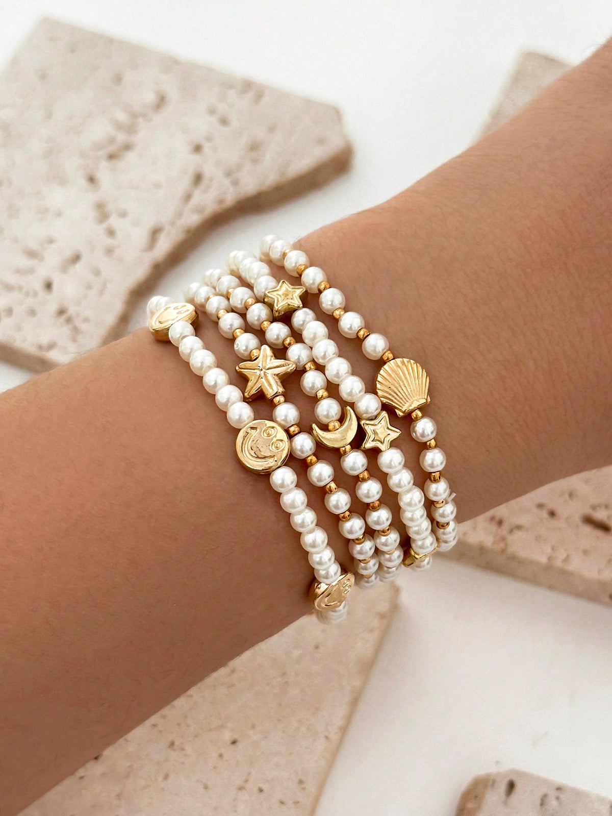 10pcs Vacation Style Beaded Bracelet With Stars, Moons, Butterflies And Cross Charms, CCB Multilayer