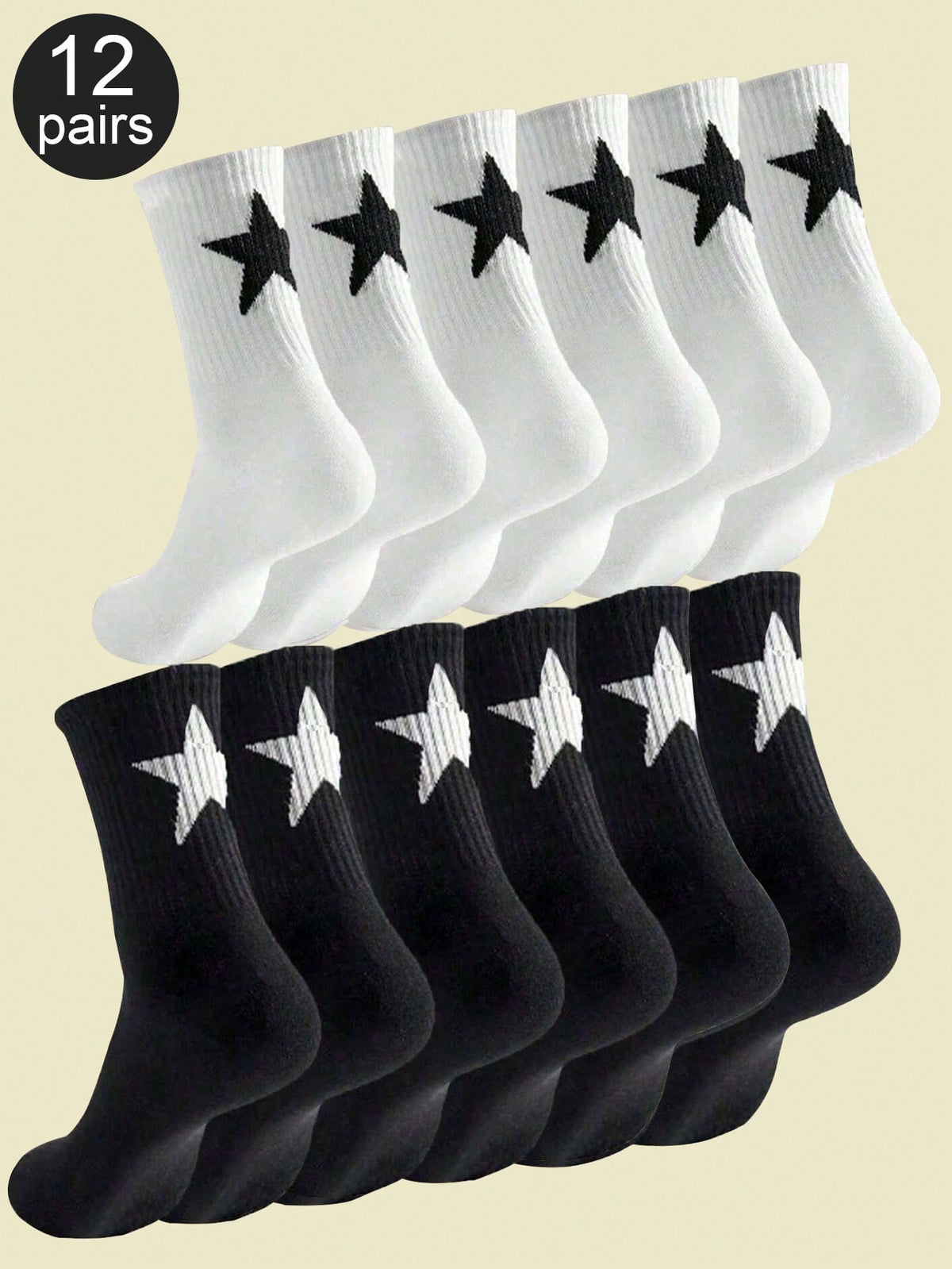 12 Pairs Black & White Star Print Mid-Calf Socks, Moisture-Wicking And Breathable, All Seasons