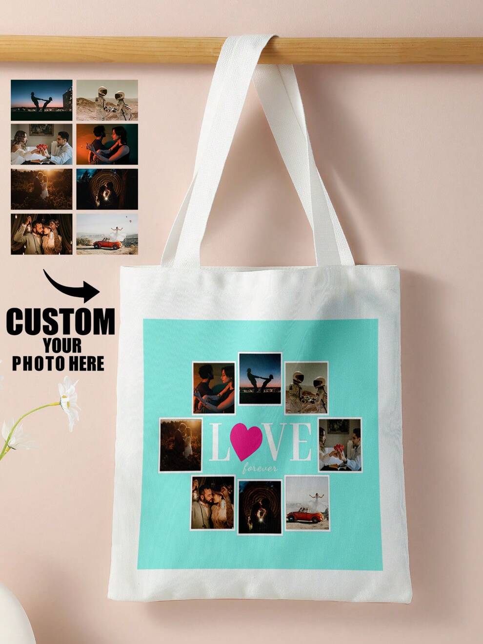 Picture Printed 1pc Customized Canvas Bag, Unique Design (Photo, Landscape, Illustration), Foldable, Large Capacity, Lightweight, Stylish, Personalized Tote Bag, Shoulder Bag, Casual Shopping Bag Back