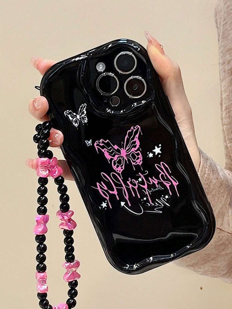 Cell Phone Lanyards Pink Butterflies Irregular Cream Wave Thickened Anti-Fall Phone Case With Chain, Compatible With IPhone And Galaxy Phones