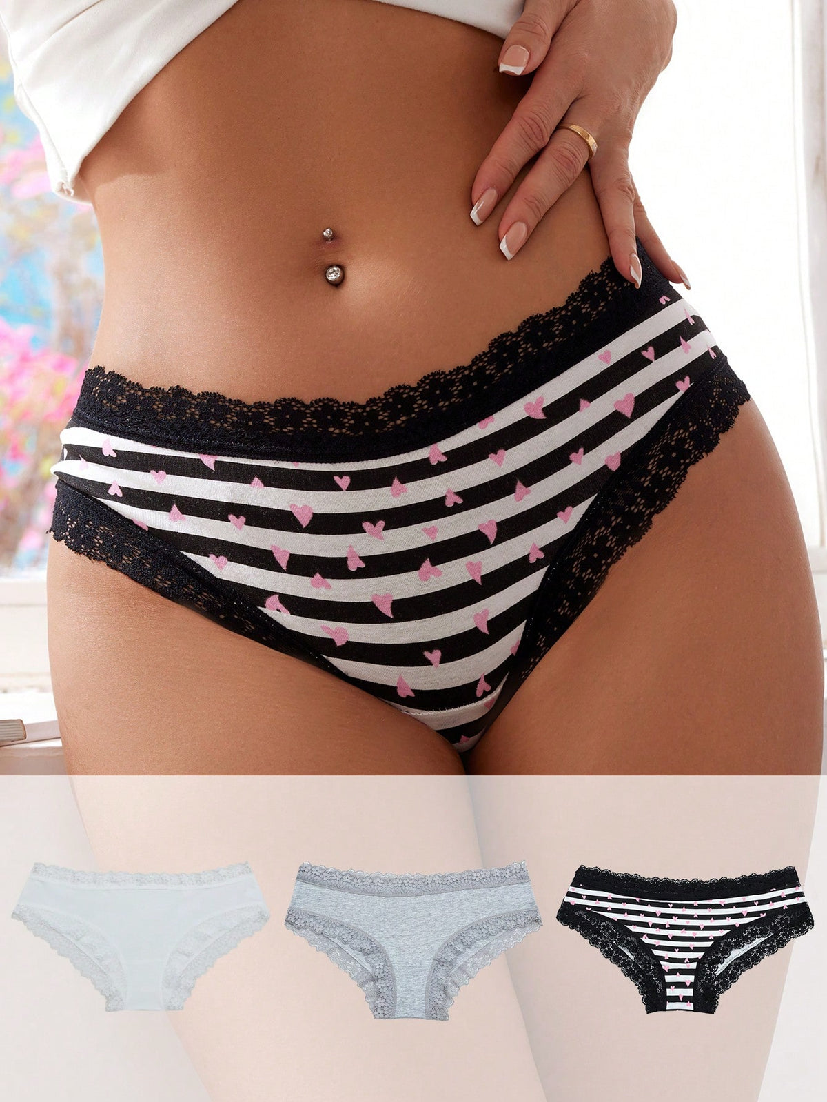 3pcs/Set Women Lace Patchwork Daily Wear Triangle Panties