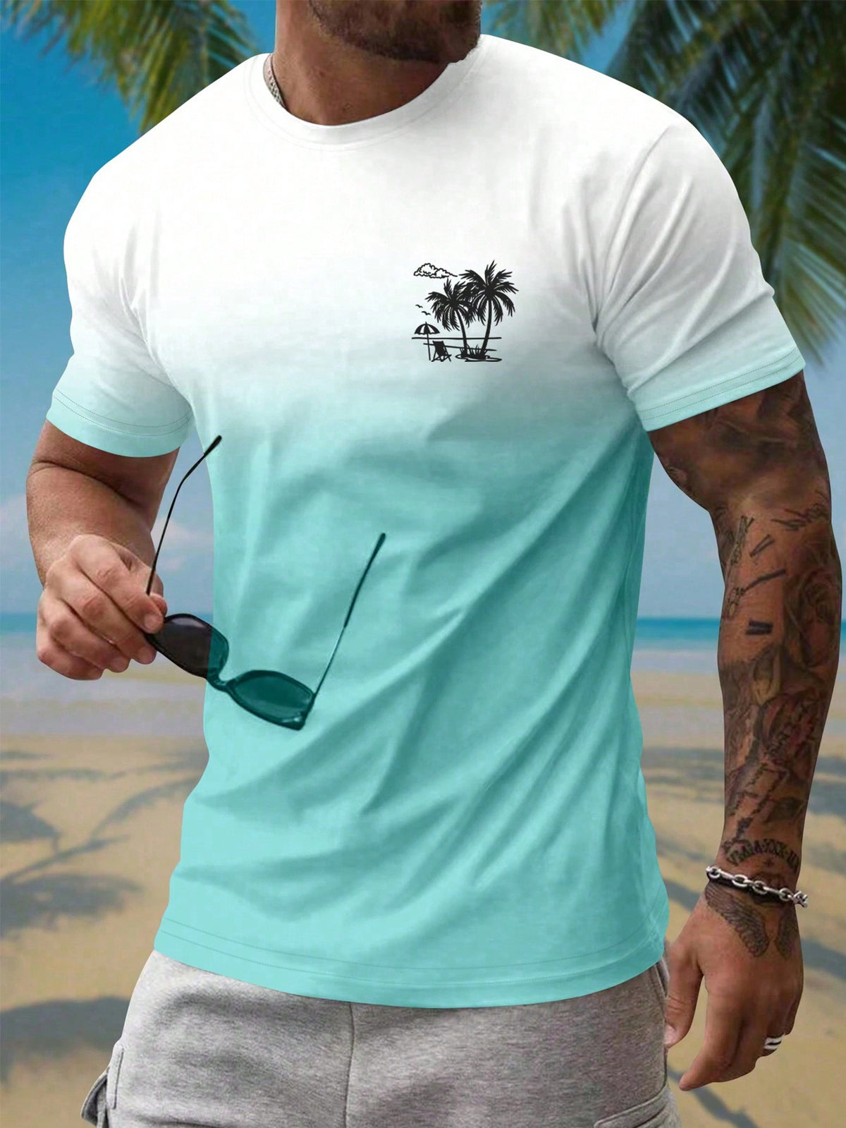 Manfinity RSRT Men's Coconut Tree Printed Gradient Vacation Casual T-Shirt