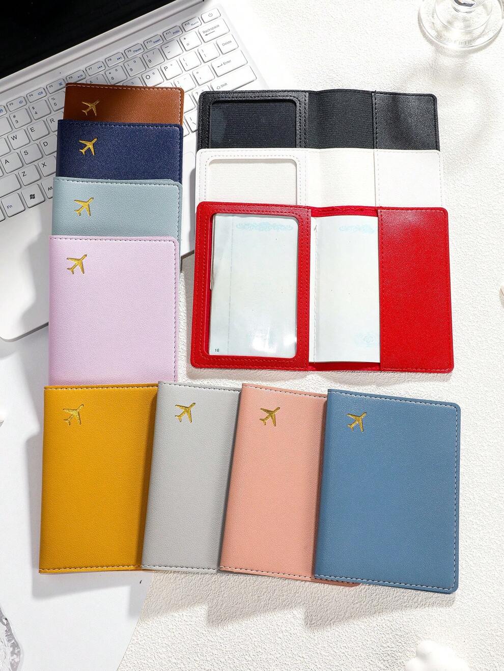 1pc Simple PU Passport Cover For Daily Travel, Business Trip And Cross-Border Trip, With Airplane Pattern, Family Set, Travel Accessory