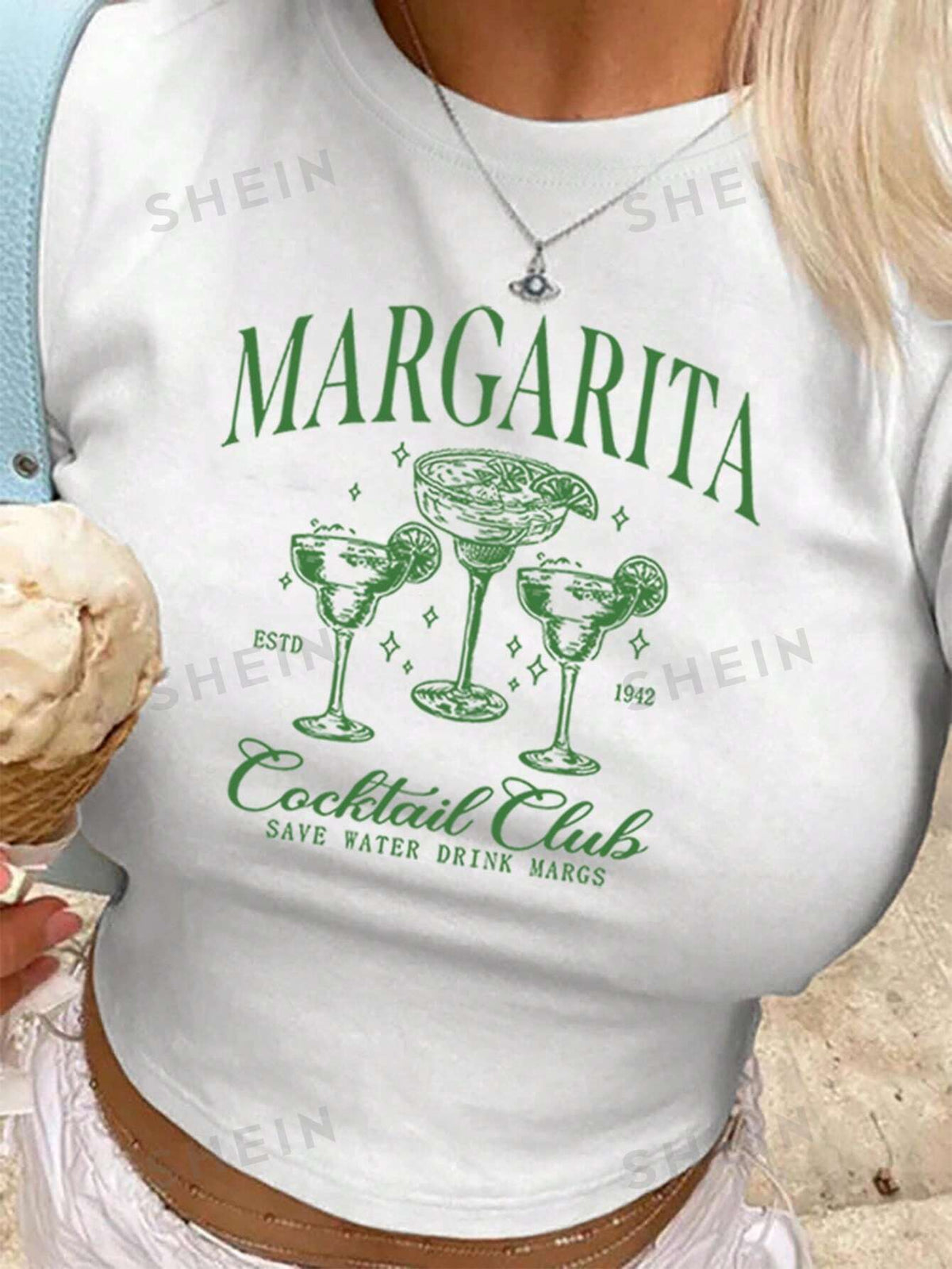 SHEIN EZwear Women's Summer Y2K Style Margarita Cocktail Printed Cropped T-Shirt Baby Tee