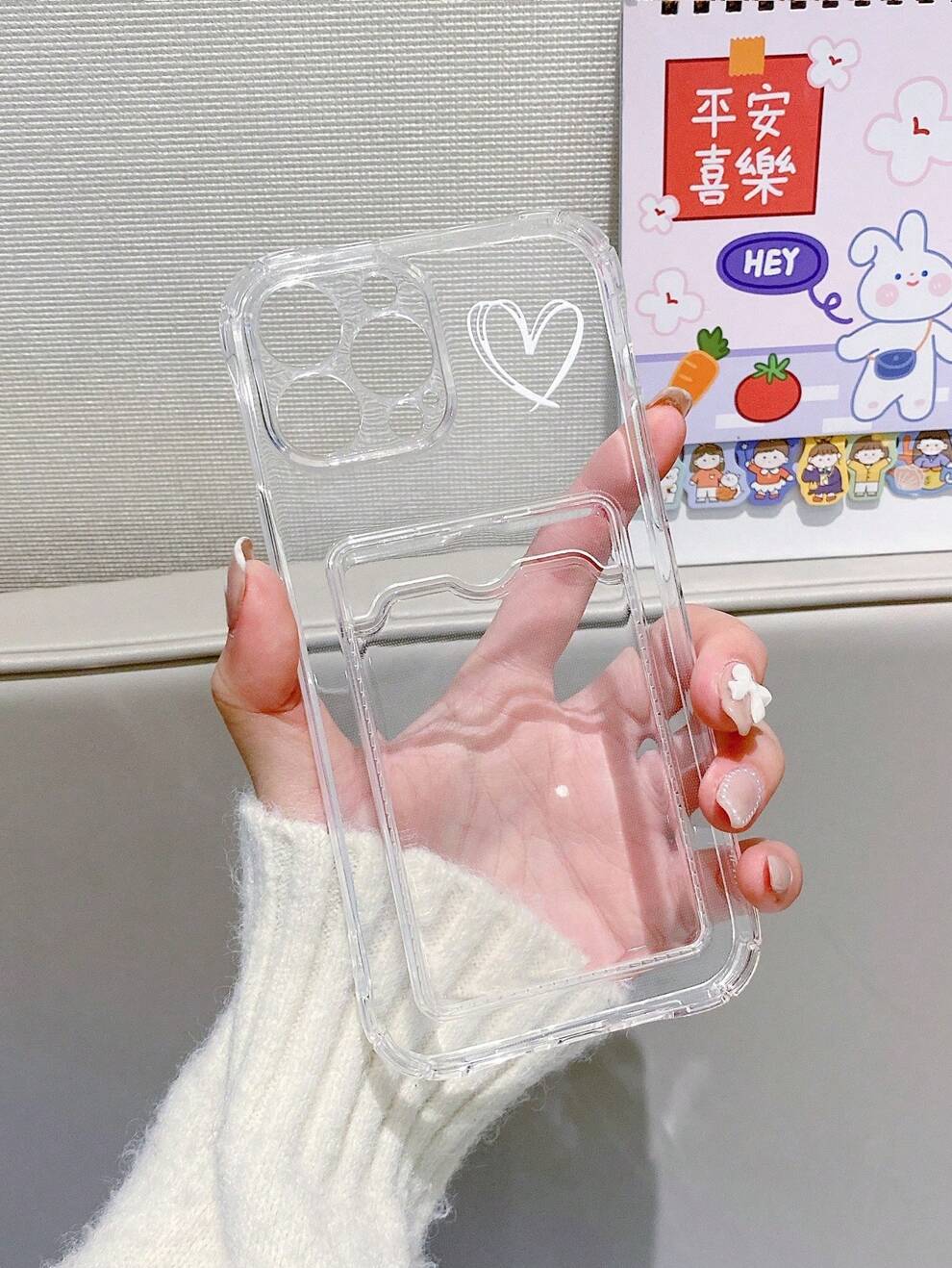 1pc White Heart Simple Design Transparent Card Slot Tpu Phone Case Compatible With IPhone 15 14 13 12 11promax Xs Xr Xsmax Samsung S20fe S22 A51 A13 A52