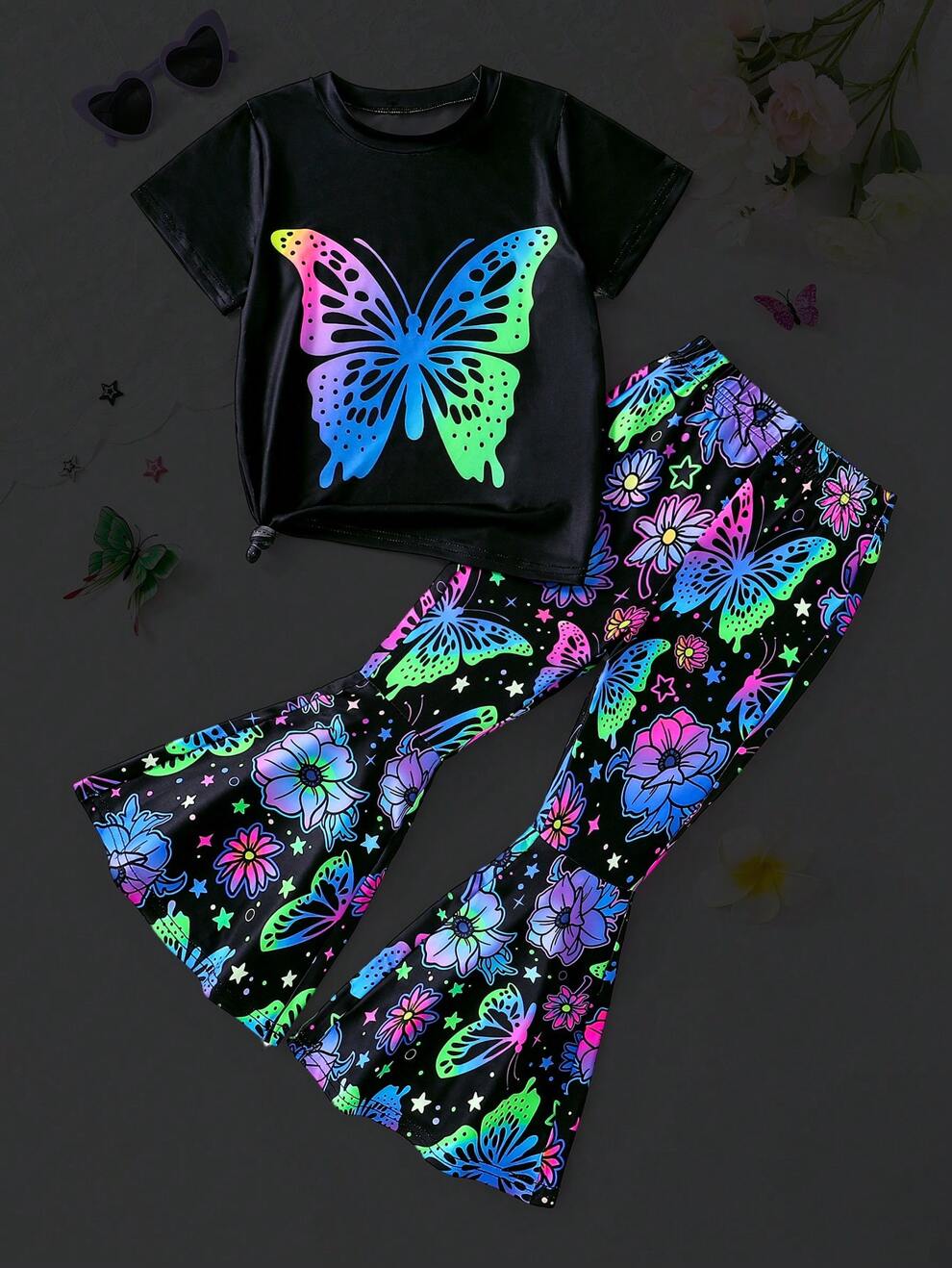 2pcs/Set Young Girl Daily Comfortable Ice-Cool Feeling Fluorescent Butterfly Round Neck Short Sleeve Top And Elastic Waist Fluorescent Butterfly & Flower Full Allover Print Bell-Bottom Pants Outfit, S