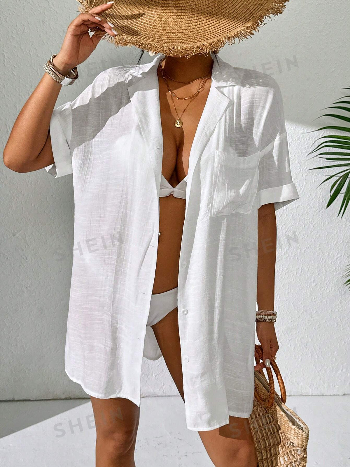 SHEIN Swim Ladies' Solid Color Simple Casual Vacation Kimono Coat